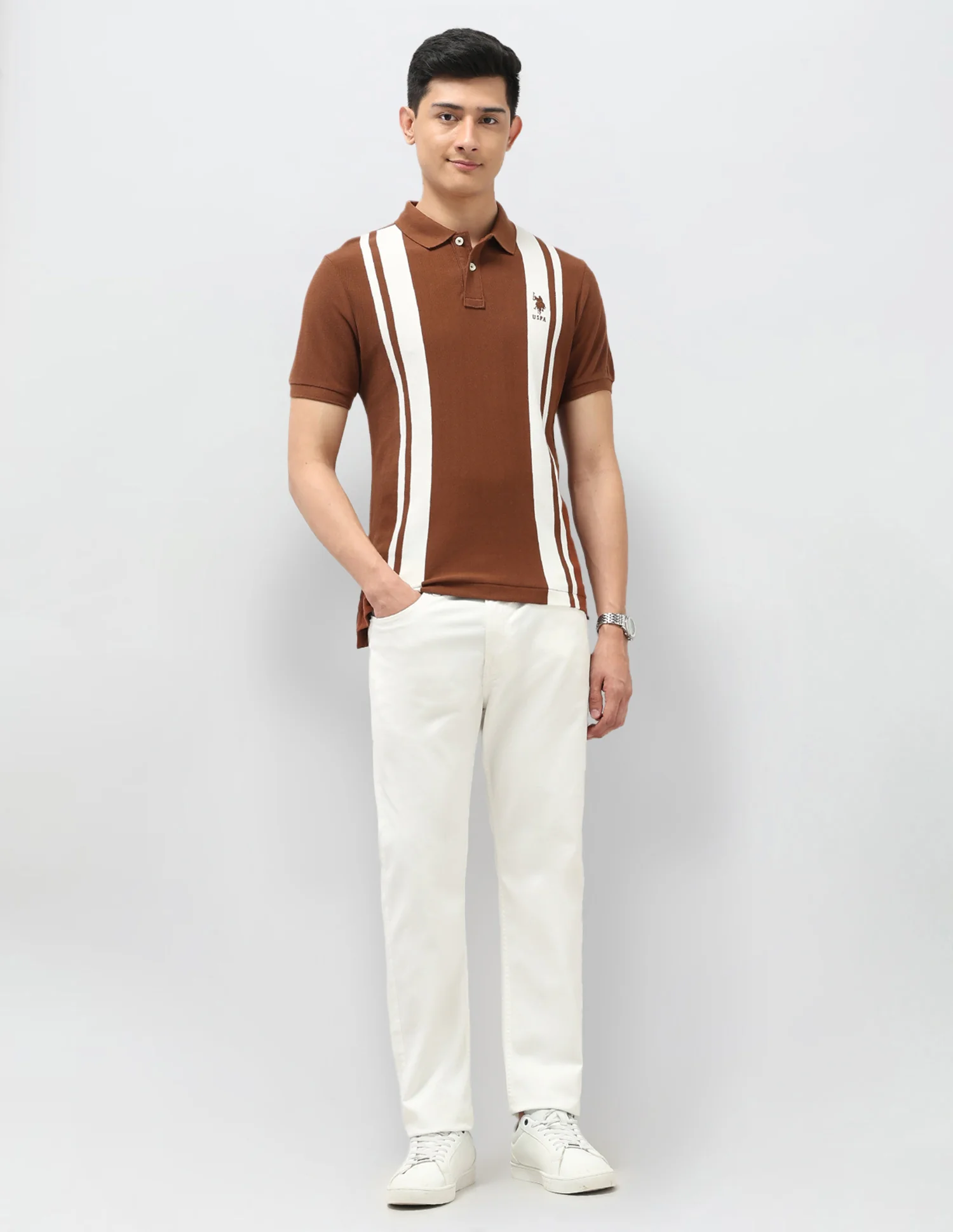 Vertical Striped Pure Cotton Polo Shirt - Image 3