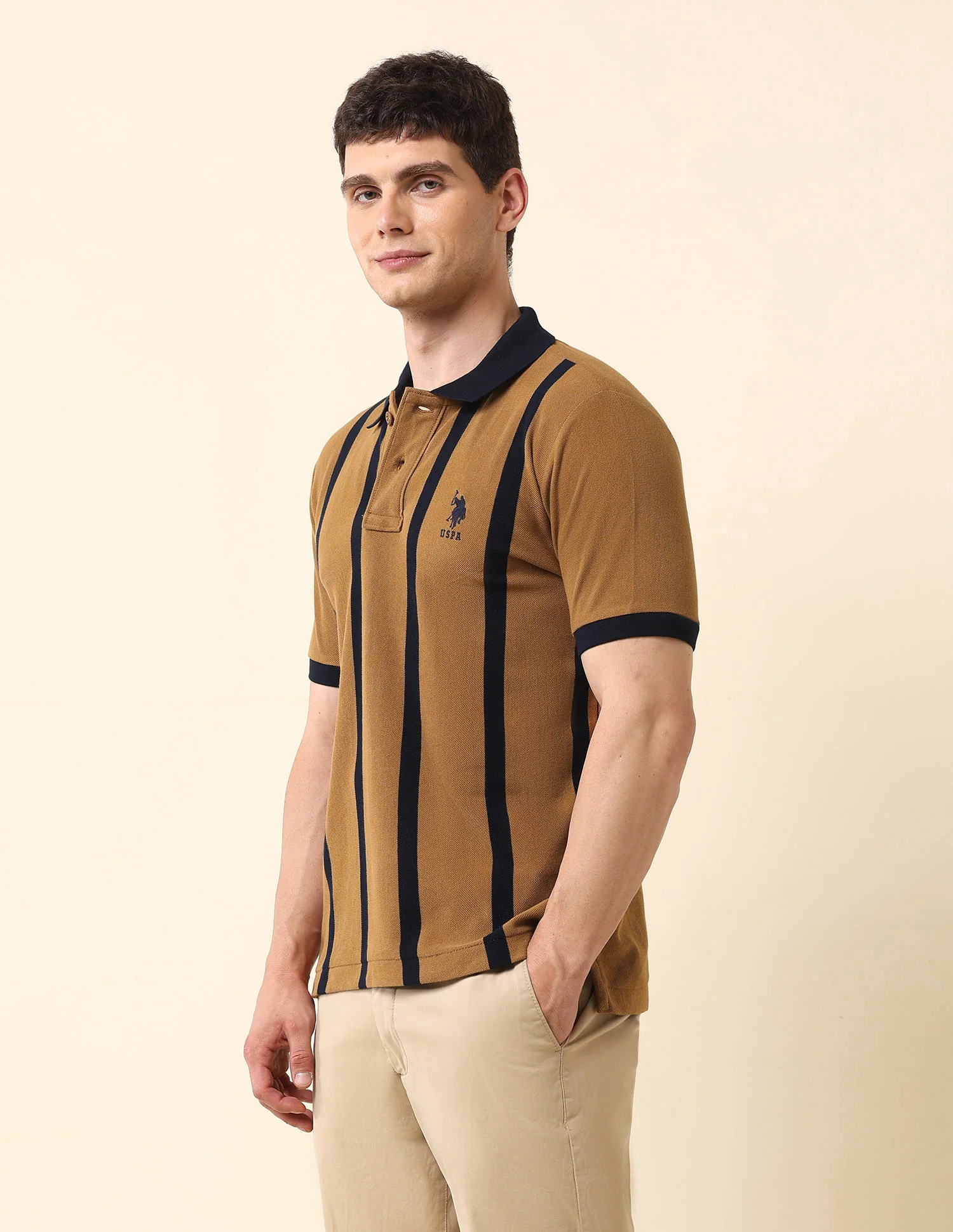 Vertical Striped Pure Cotton Polo Shirt - Image 4