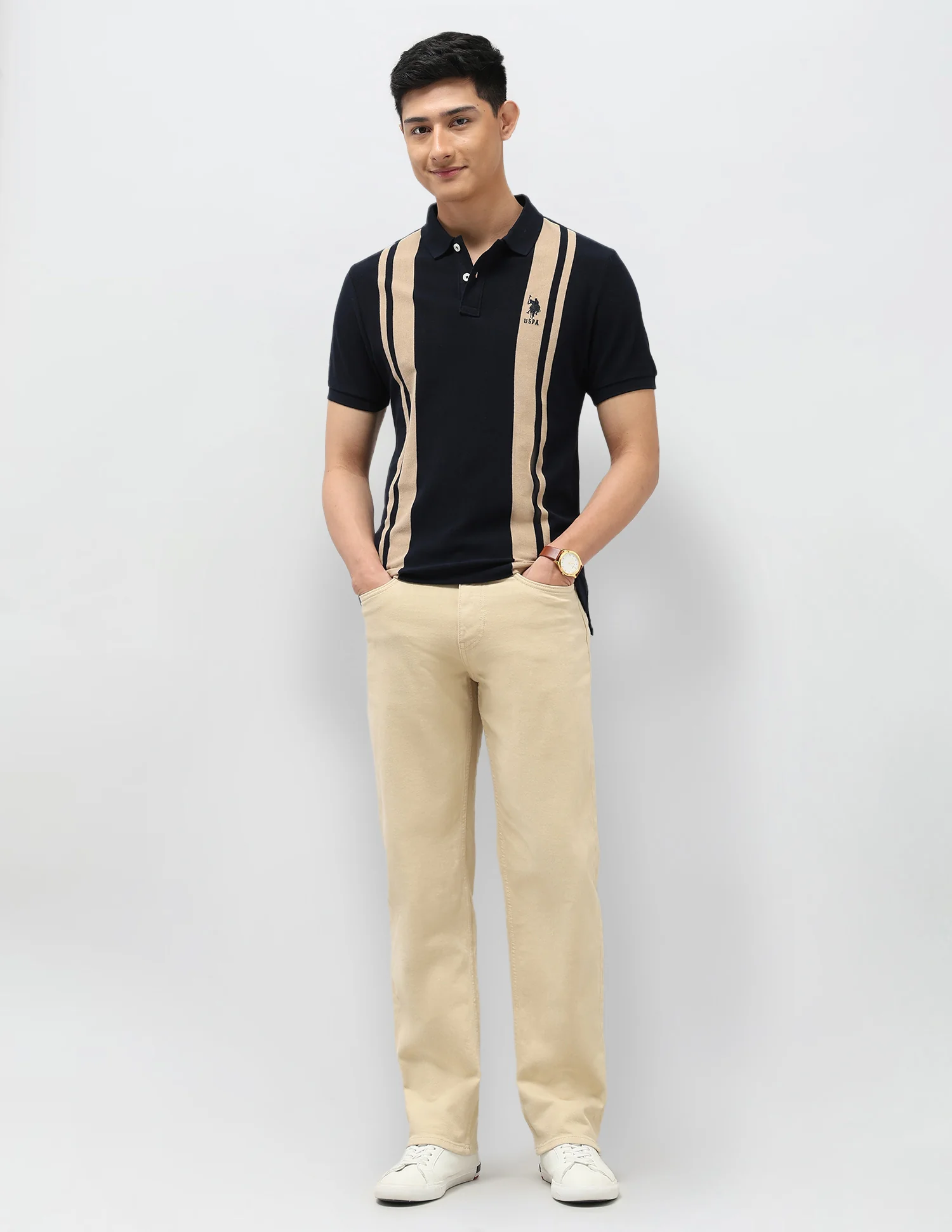 Vertical Striped Pure Cotton Polo Shirt - Image 3