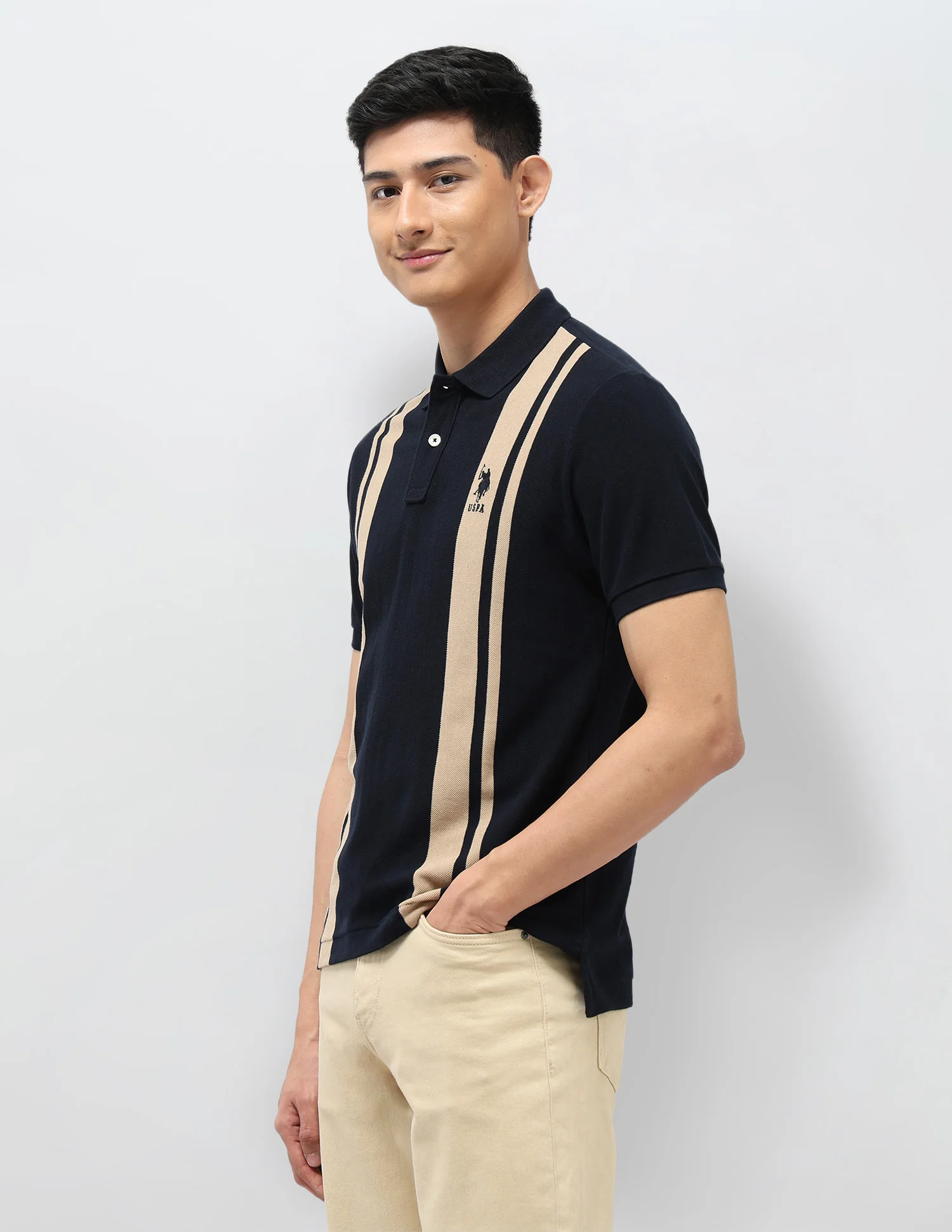 Vertical Striped Pure Cotton Polo Shirt - Image 4