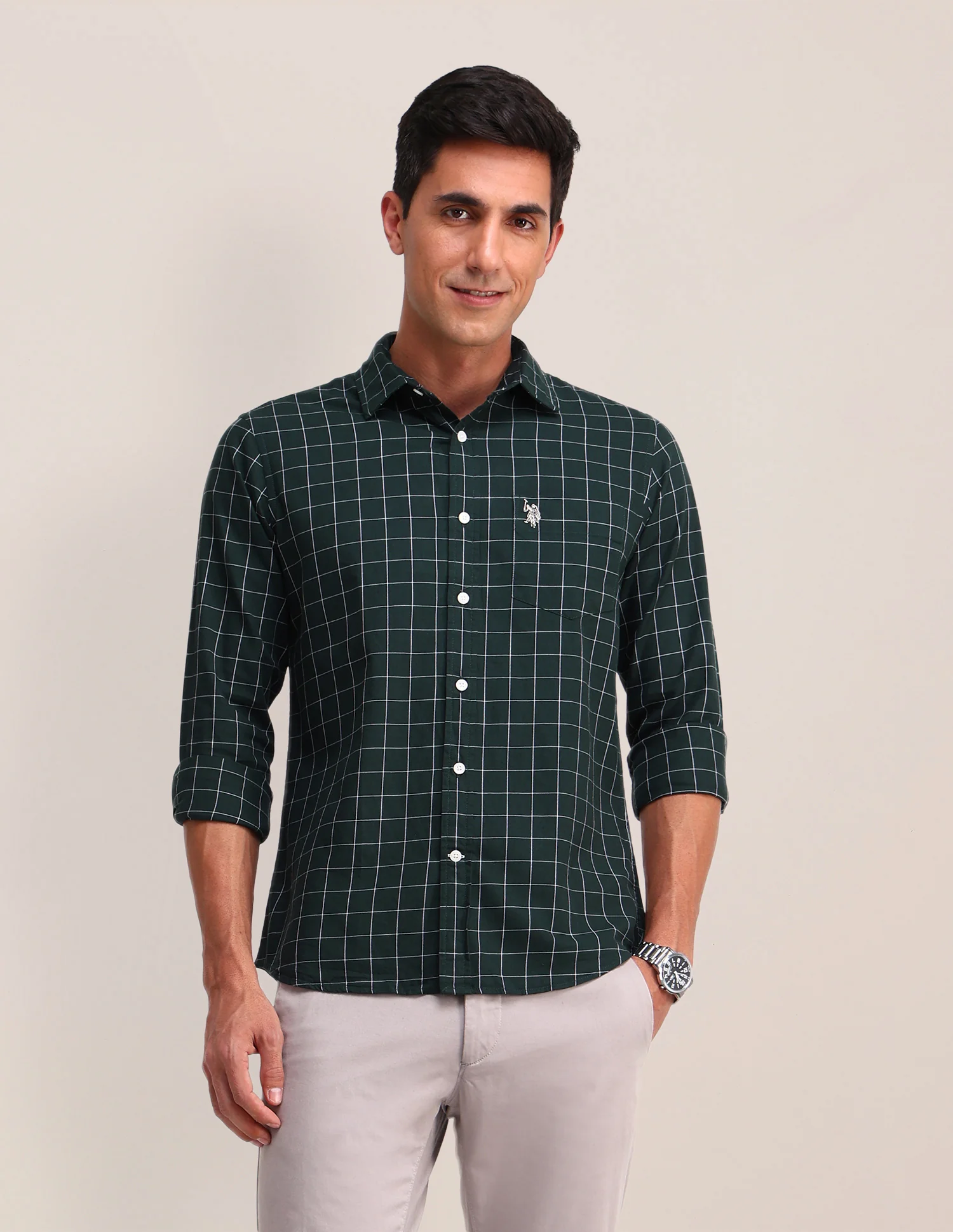 Windowpane Checked Twill Shirt