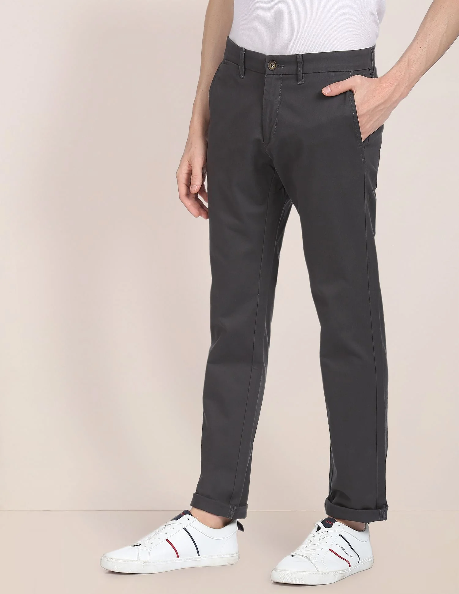 Mid Rise Twill Casual Trousers