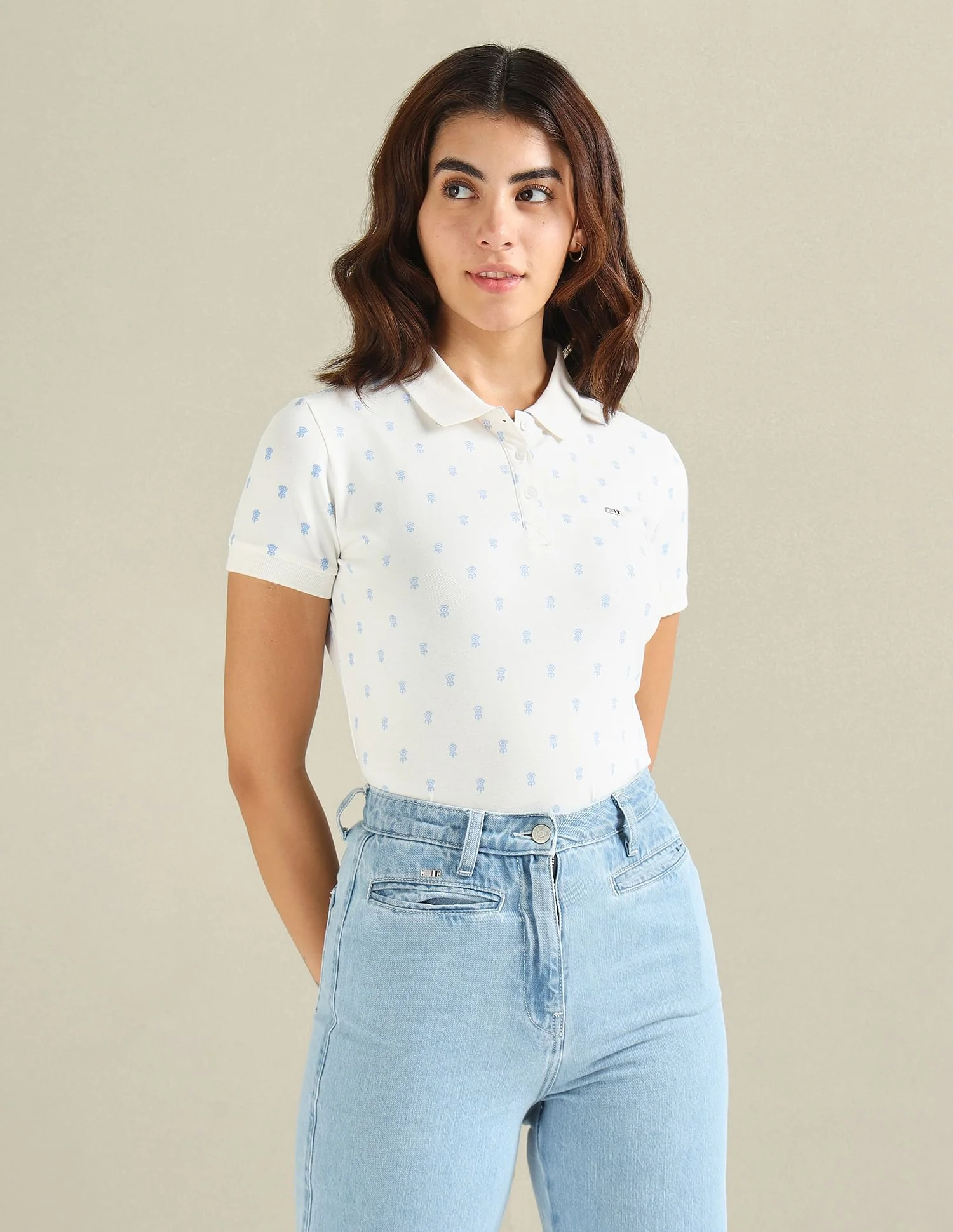Motif Print Cotton Stretch Polo Shirt