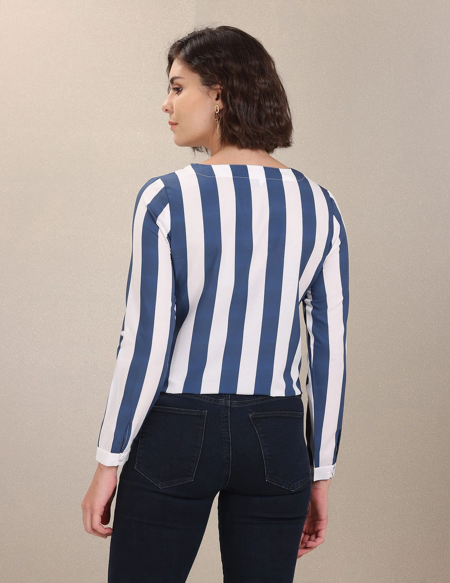 Notched Neck Vertical Striped Evening Top - Image 5
