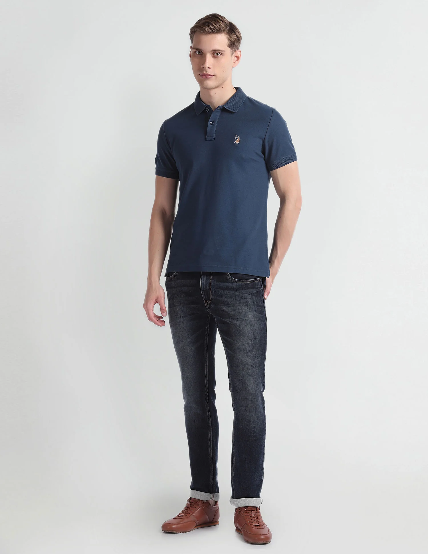 Patterned Collar Cotton Polo Shirt - Image 3