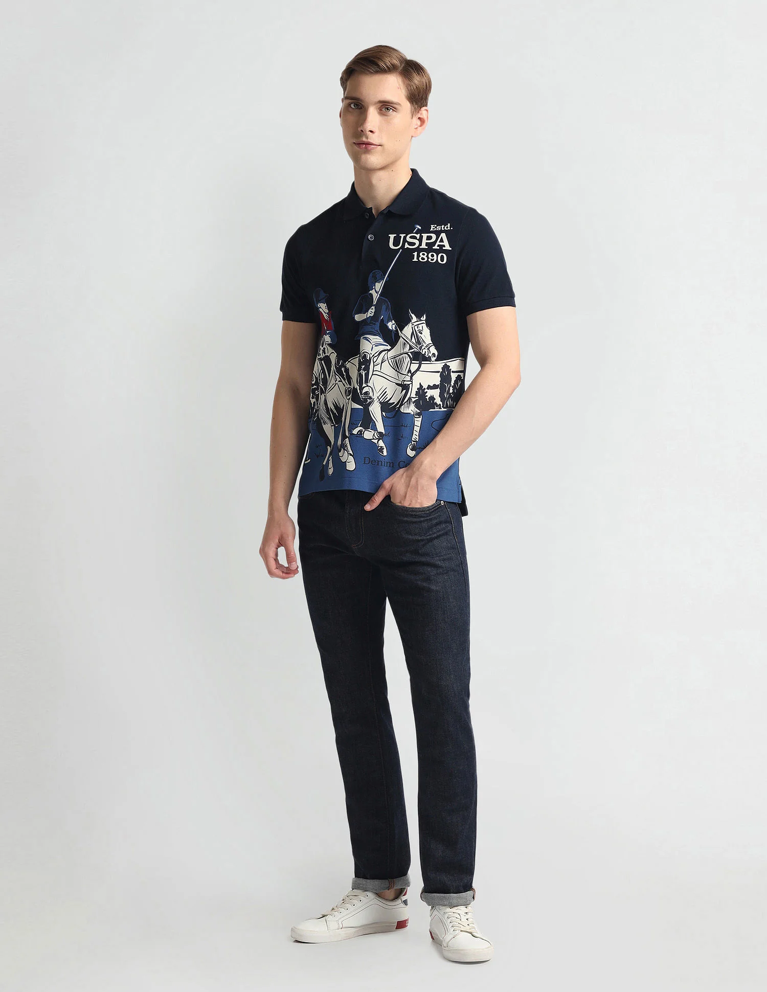 Ribbed Collar Brand Print Polo Shirt - Image 3