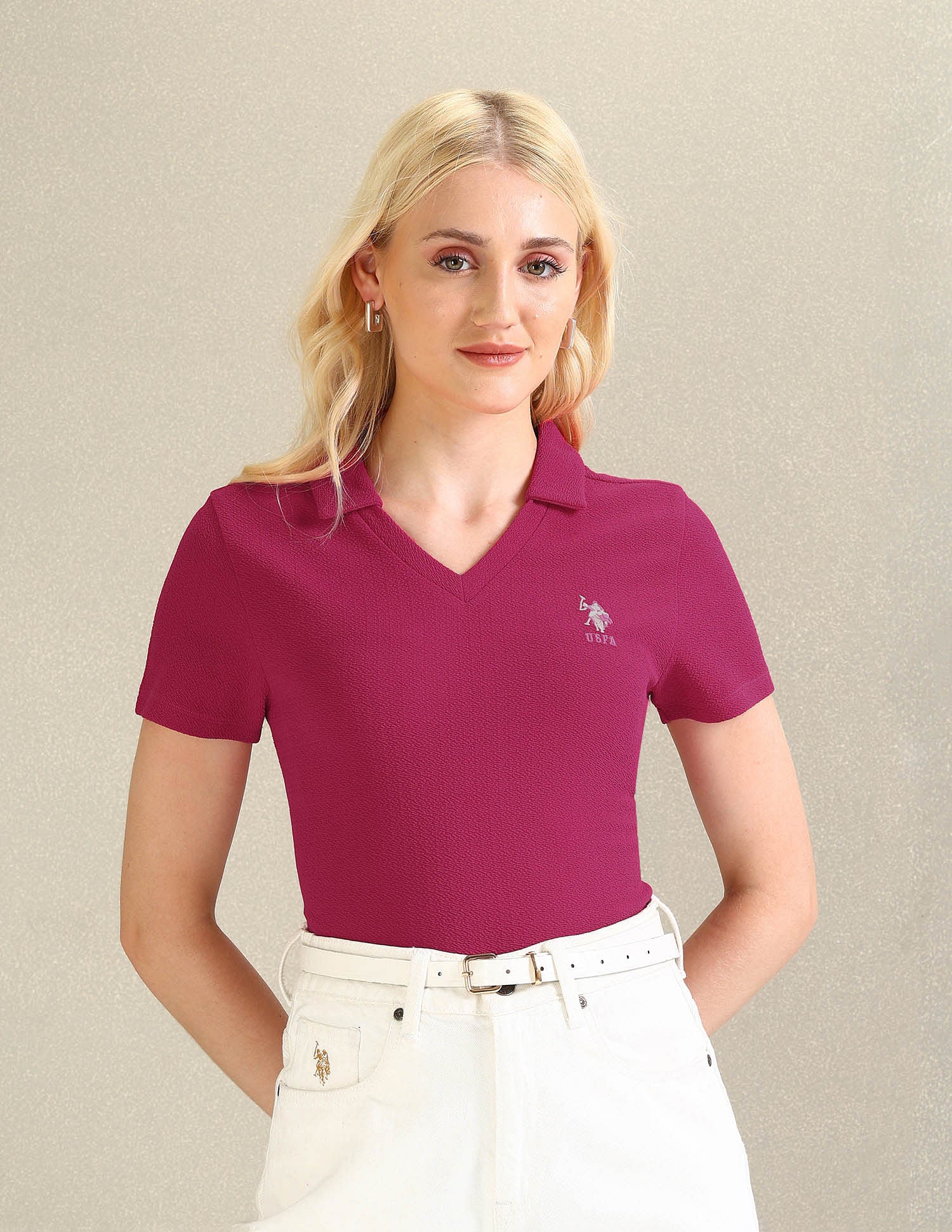 Ribbed Collar Textured Polo Shirt