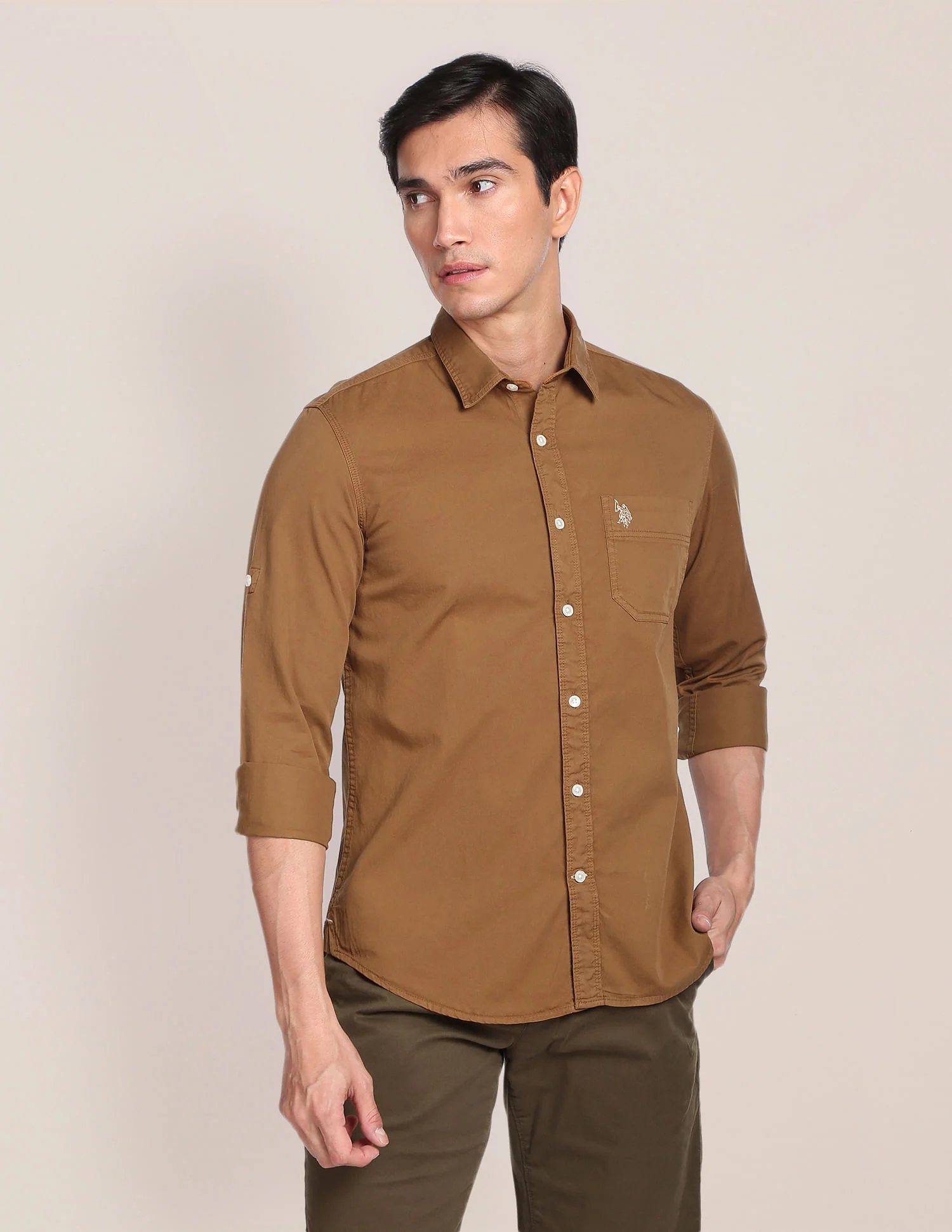 Solid Twill Convertible Sleeve Casual Shirt