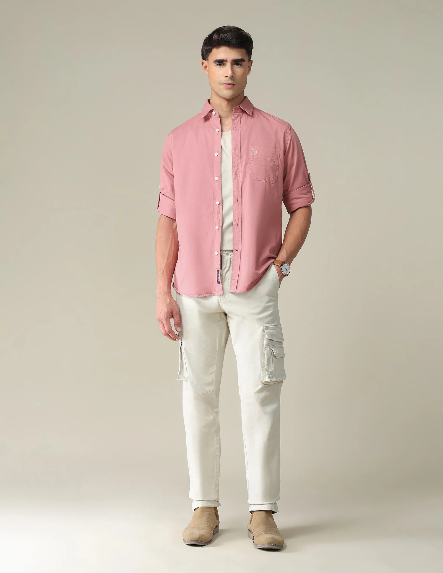 Solid Twill Convertible Sleeve Casual Shirt - Image 3