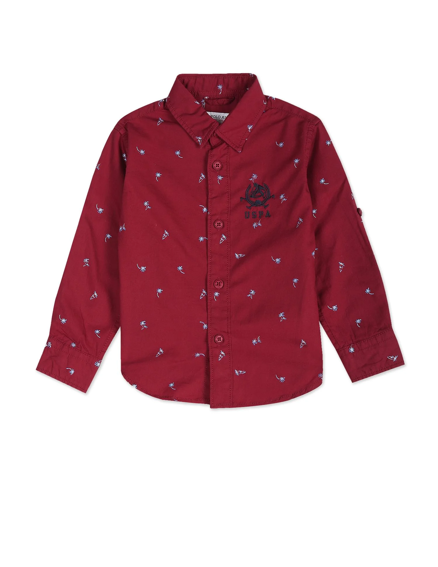 Spread Collar Motif Print Cotton Shirt