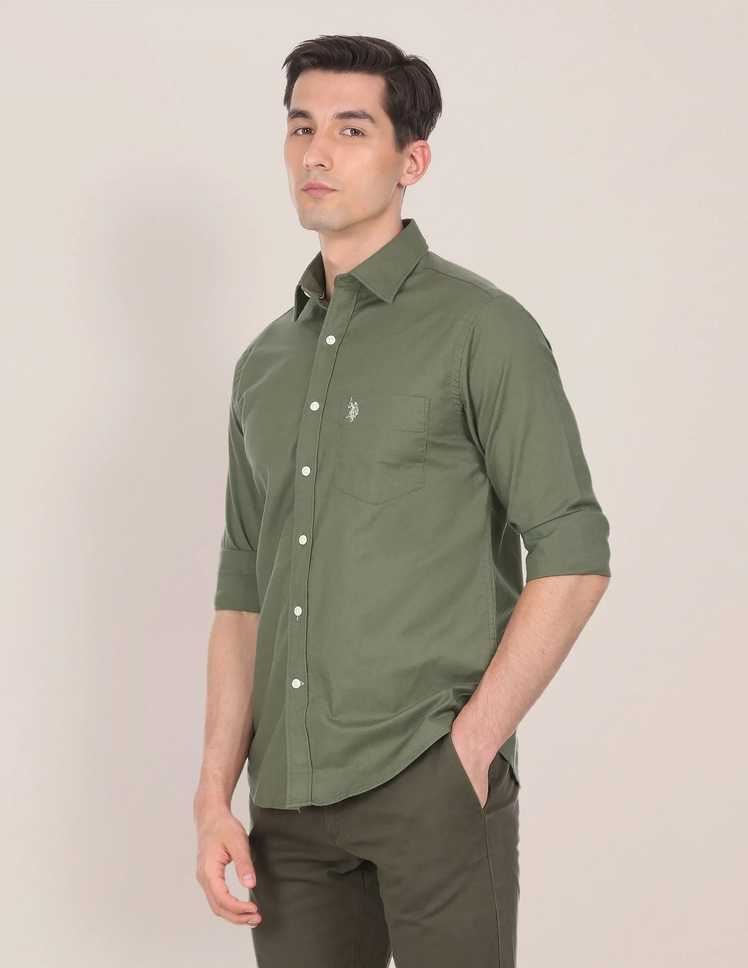 Spread Collar Solid Casual Shirt - Image 4