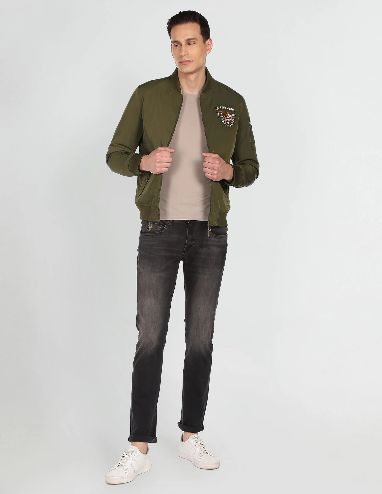 Stand Collar Brand Embroidered Polyester Bomber Jacket - Image 3