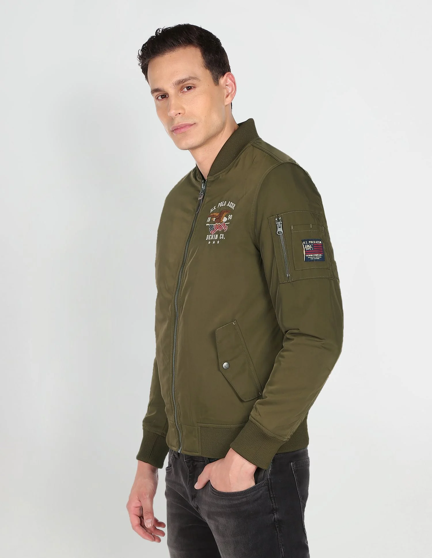 Stand Collar Brand Embroidered Polyester Bomber Jacket - Image 4
