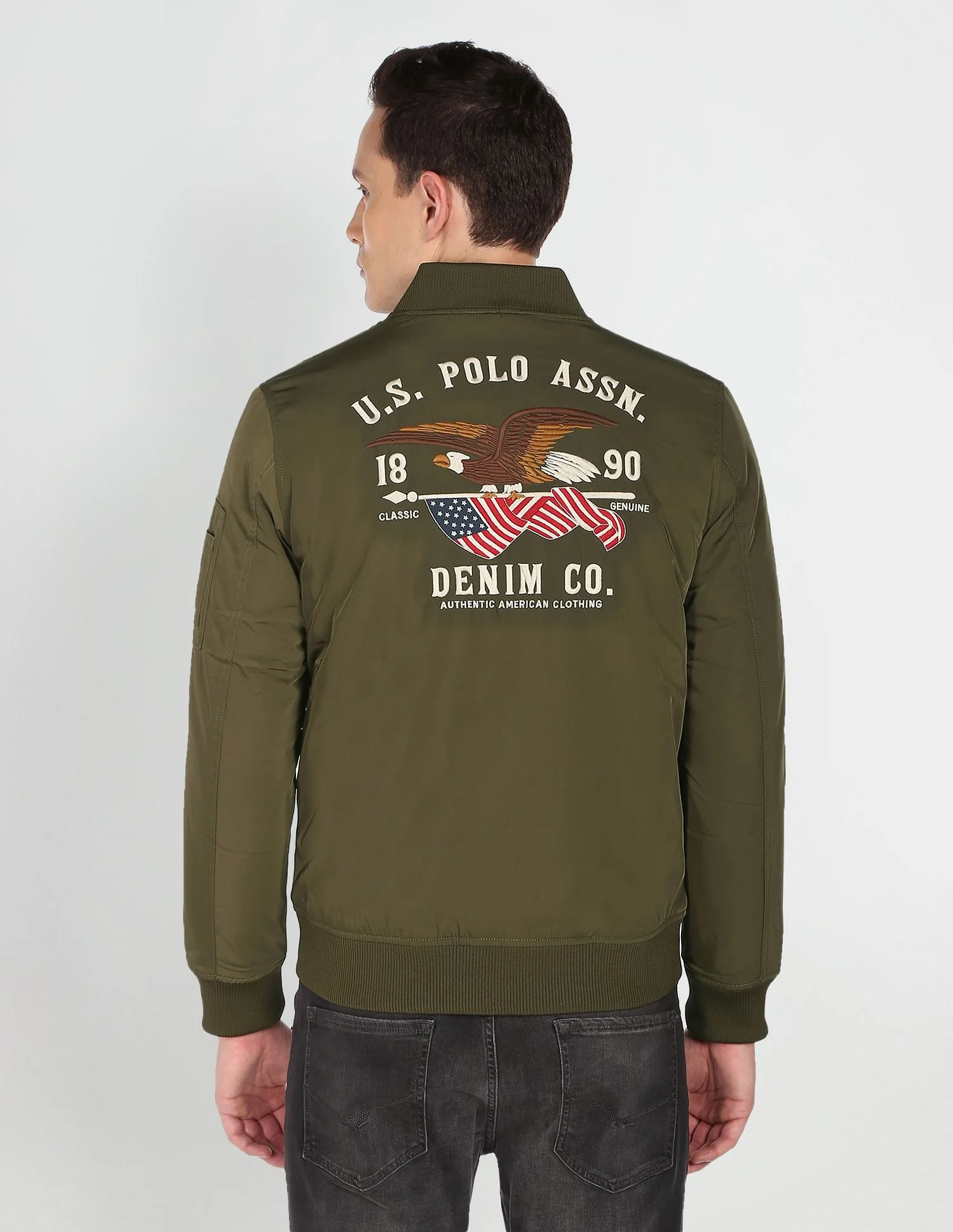 Stand Collar Brand Embroidered Polyester Bomber Jacket - Image 5
