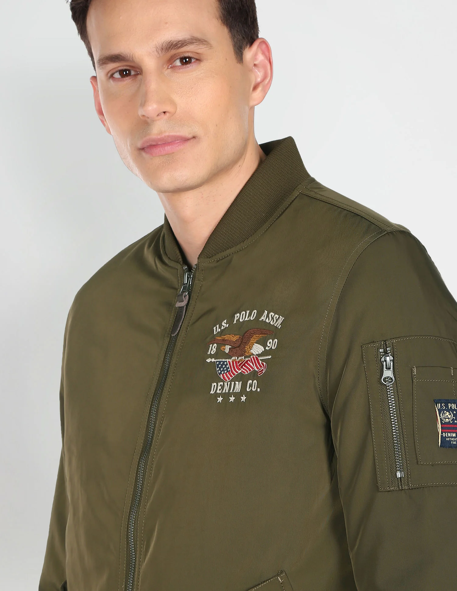 Stand Collar Brand Embroidered Polyester Bomber Jacket - Image 6