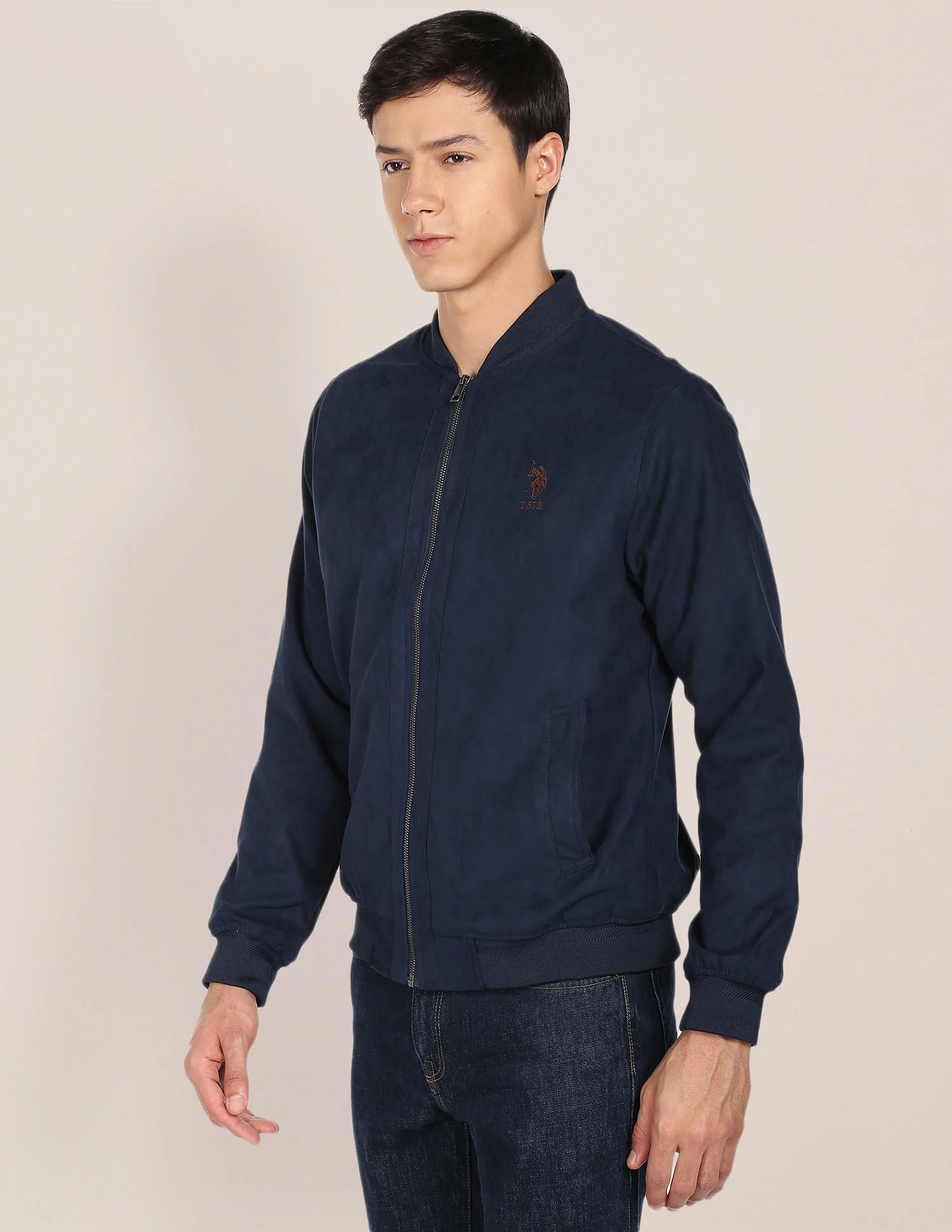 Stand Collar Solid Suede Jacket - Image 4