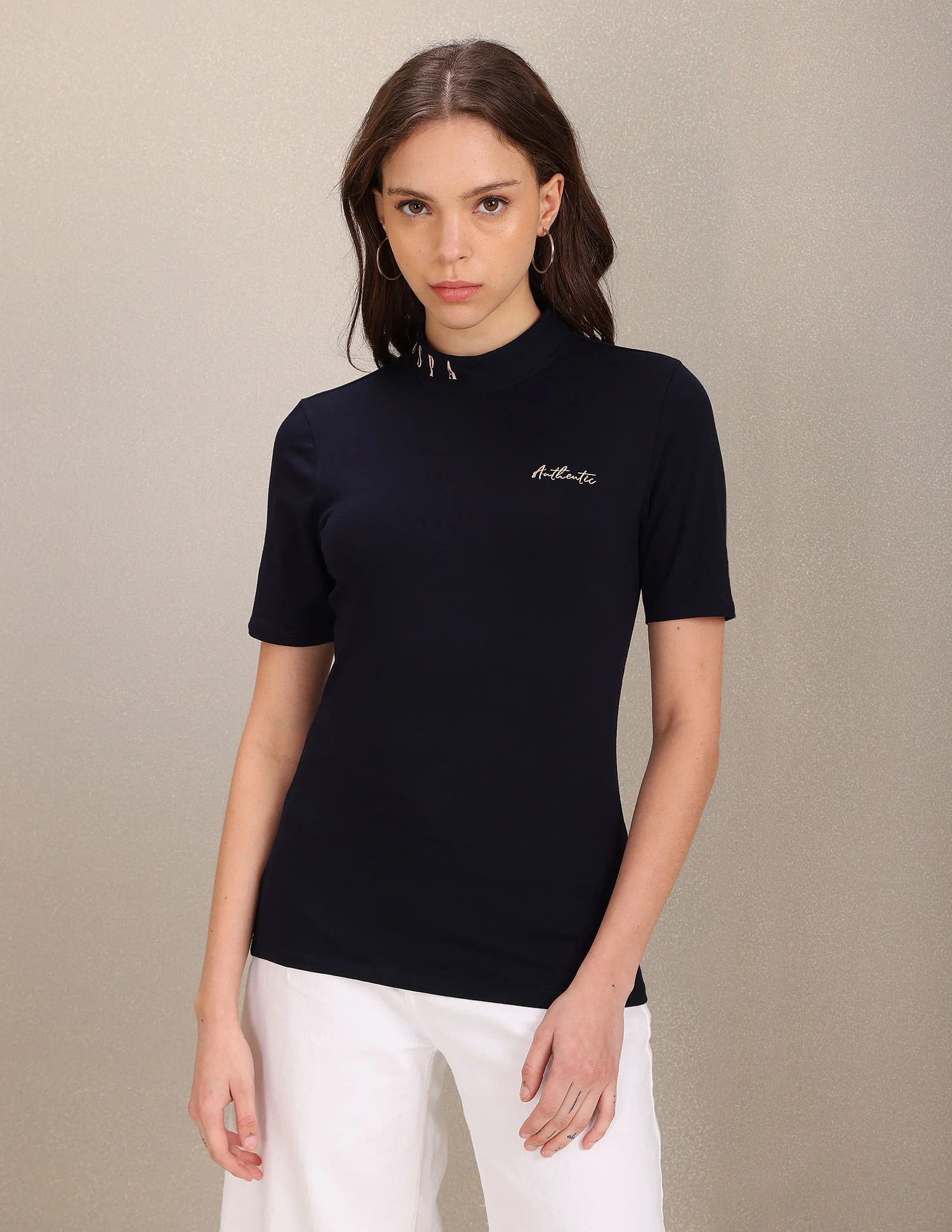 Stand Neck Typographic Print Solid T-Shirt - Image 6