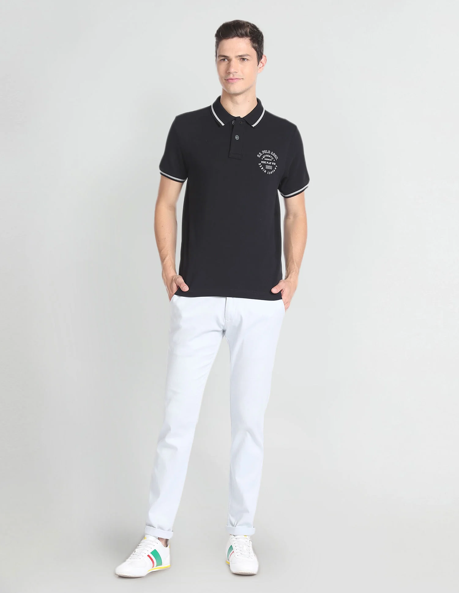 Striped Collar Cotton Polo Shirt - Image 3
