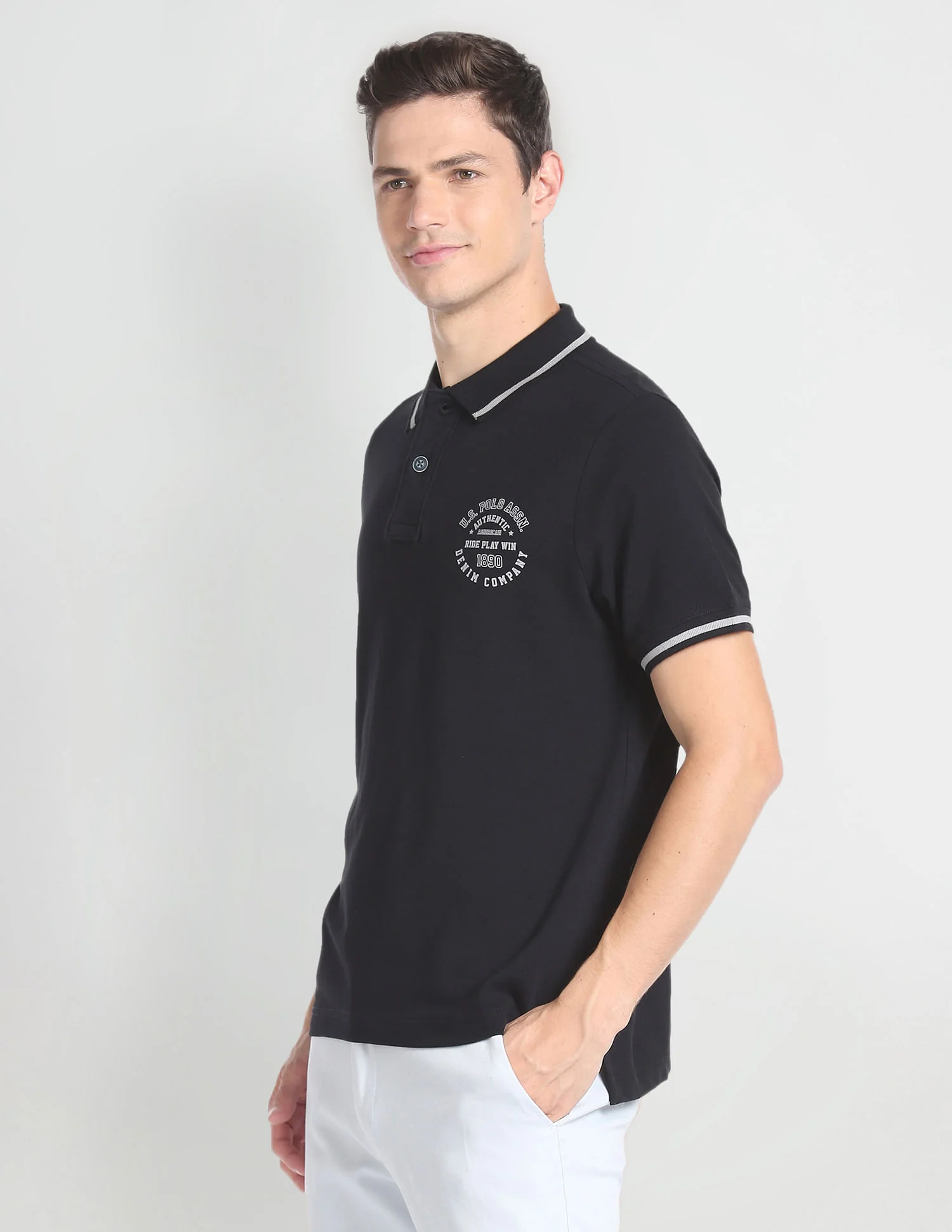 Striped Collar Cotton Polo Shirt - Image 4