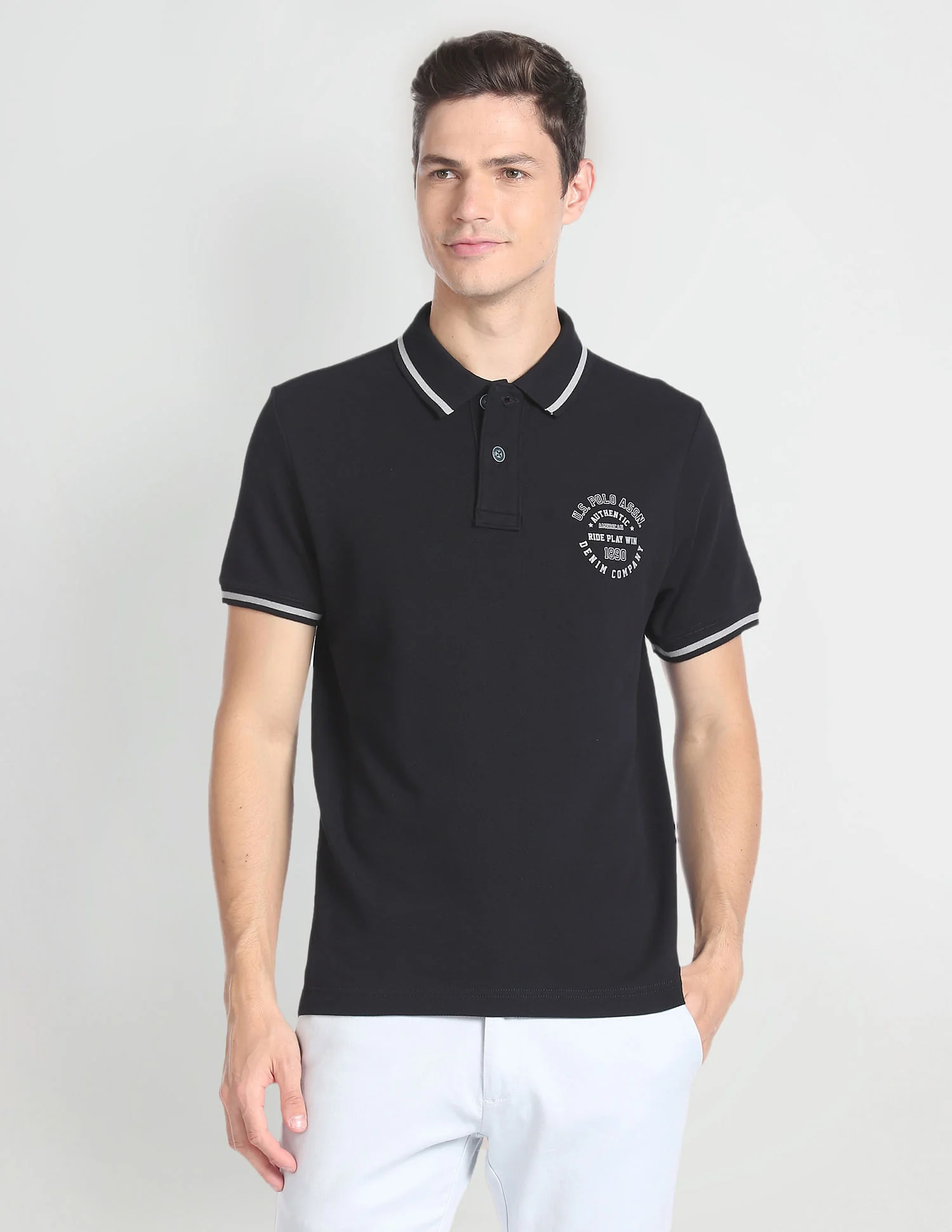 Striped Collar Cotton Polo Shirt - Image 6