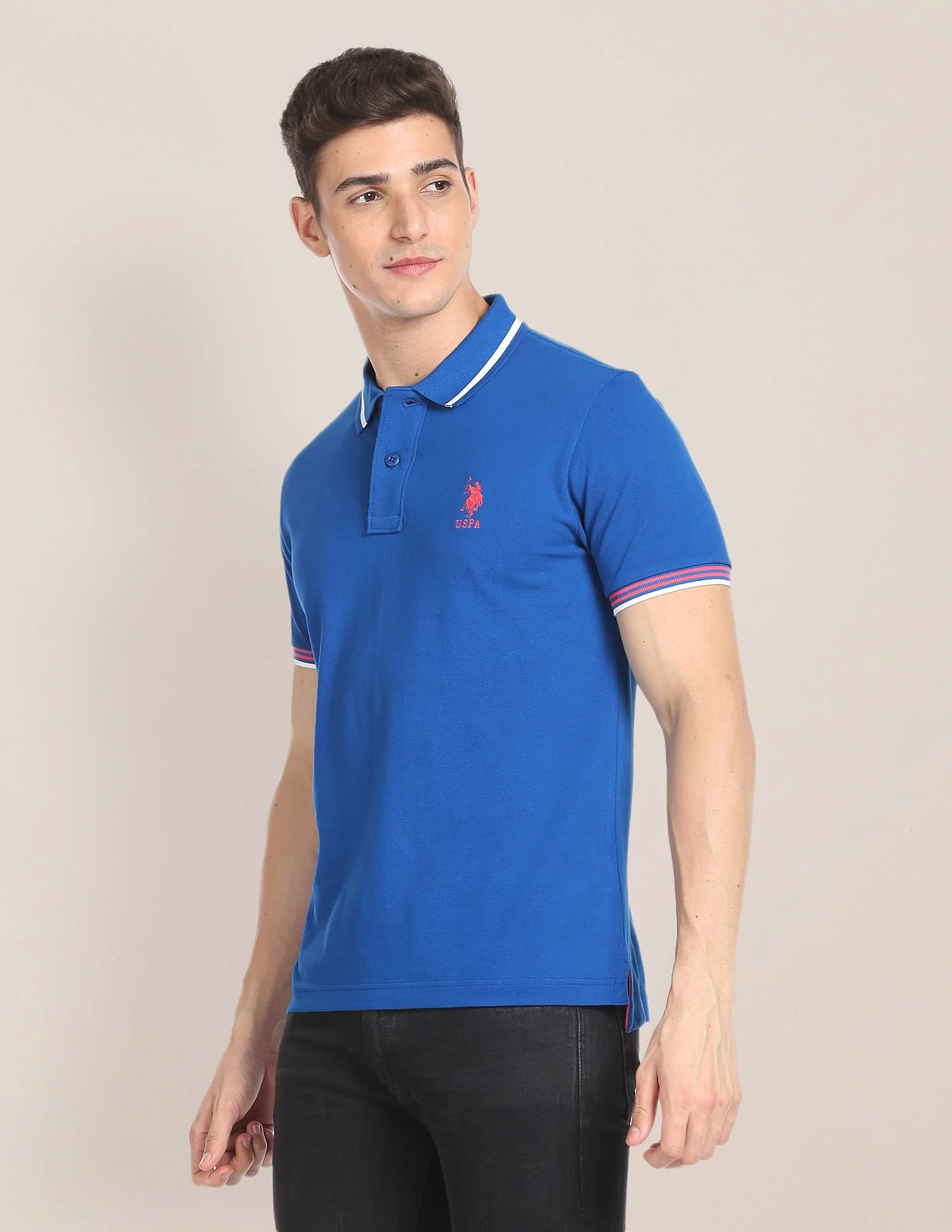 Striped Collar Pique Polo Shirt - Image 4