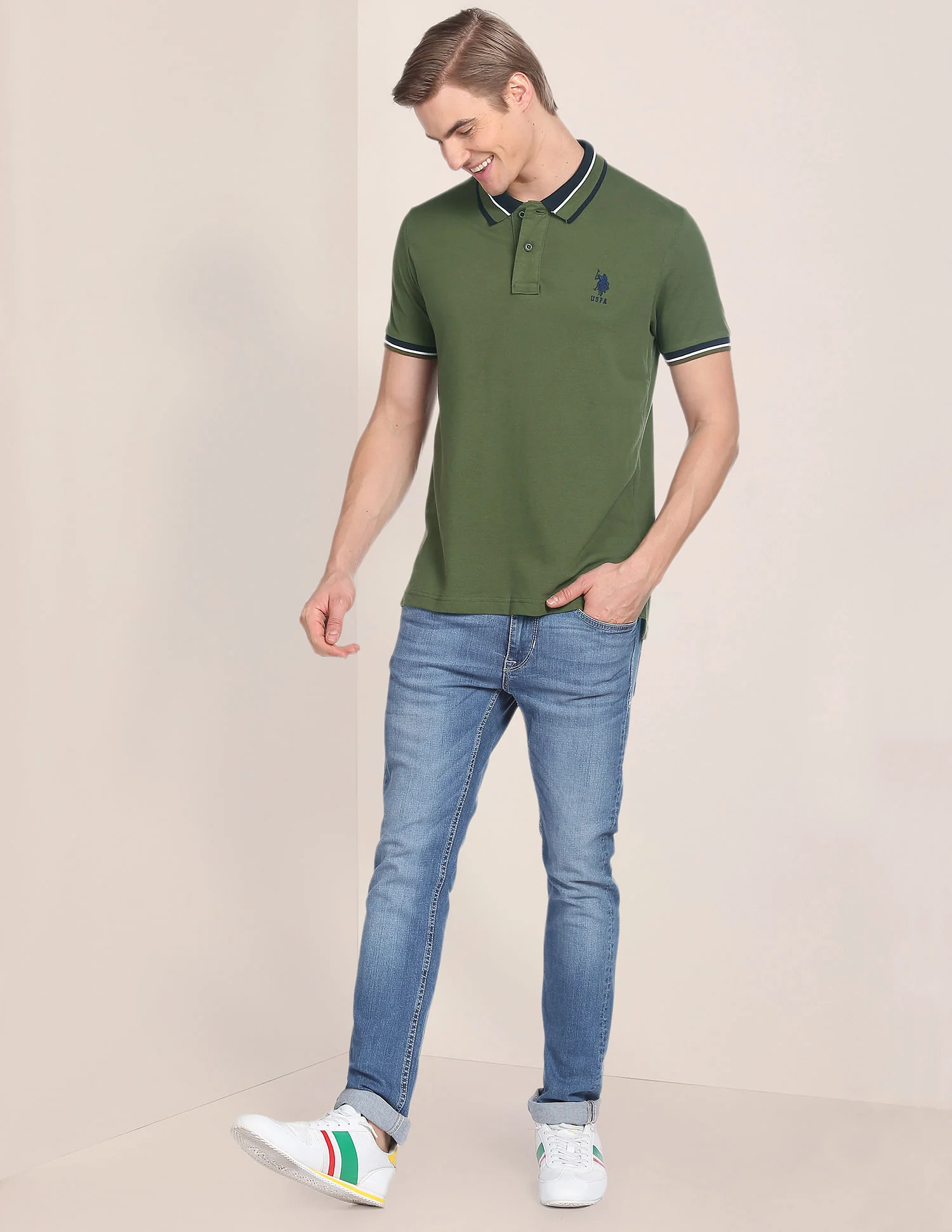 Striped Collar Slim Fit Polo Shirt - Image 3