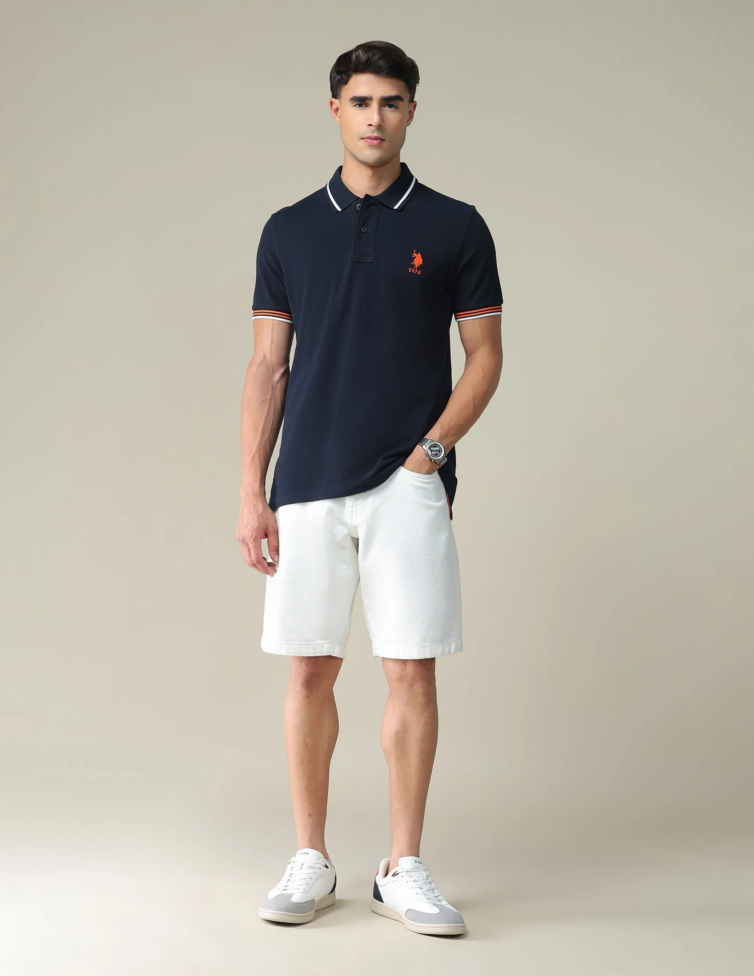 Striped Collar Solid Polo Shirt - Image 3