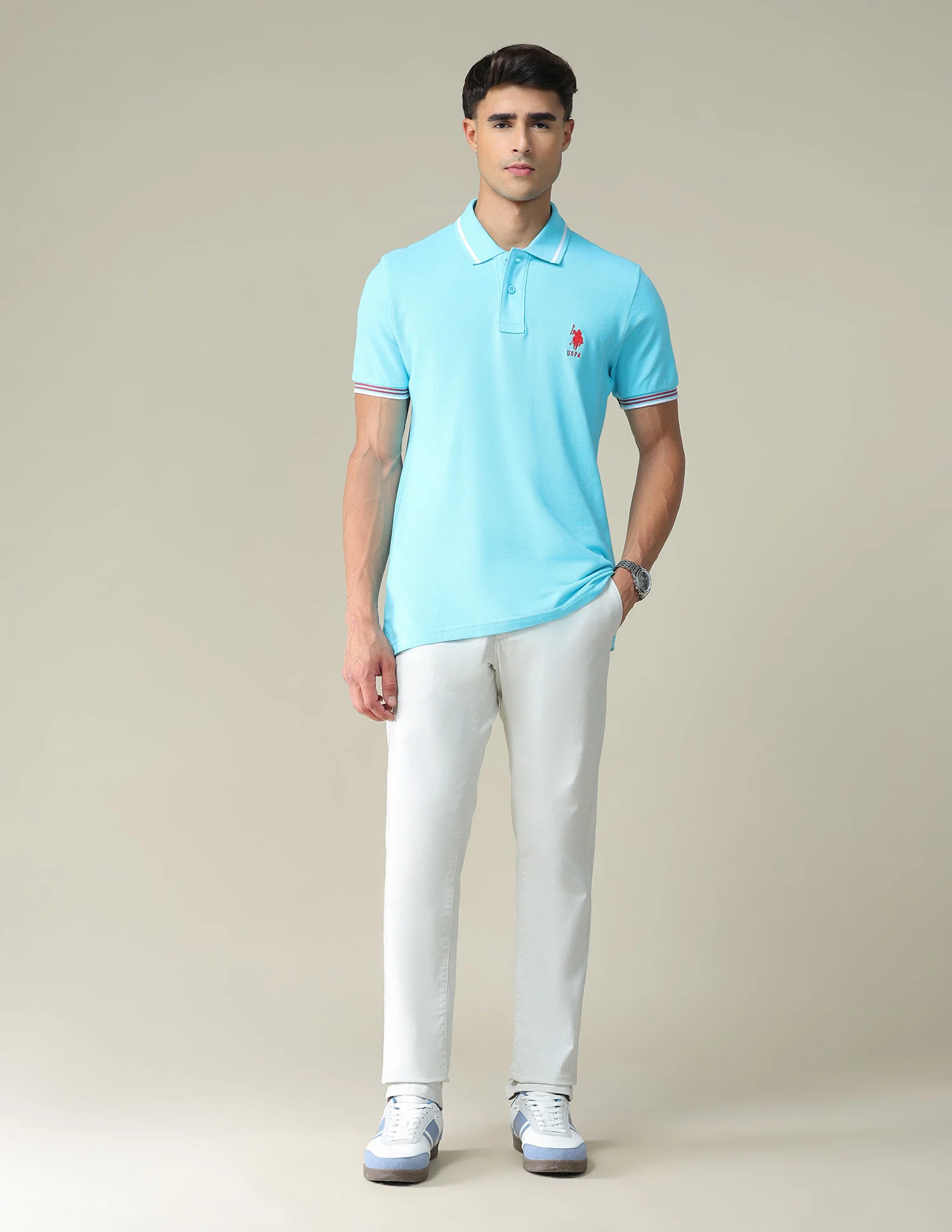 Striped Hem Cotton Polo Shirt - Image 3
