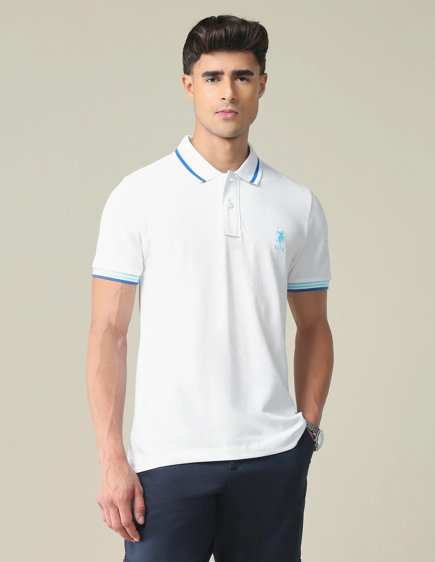 Striped Hem Cotton Polo Shirt