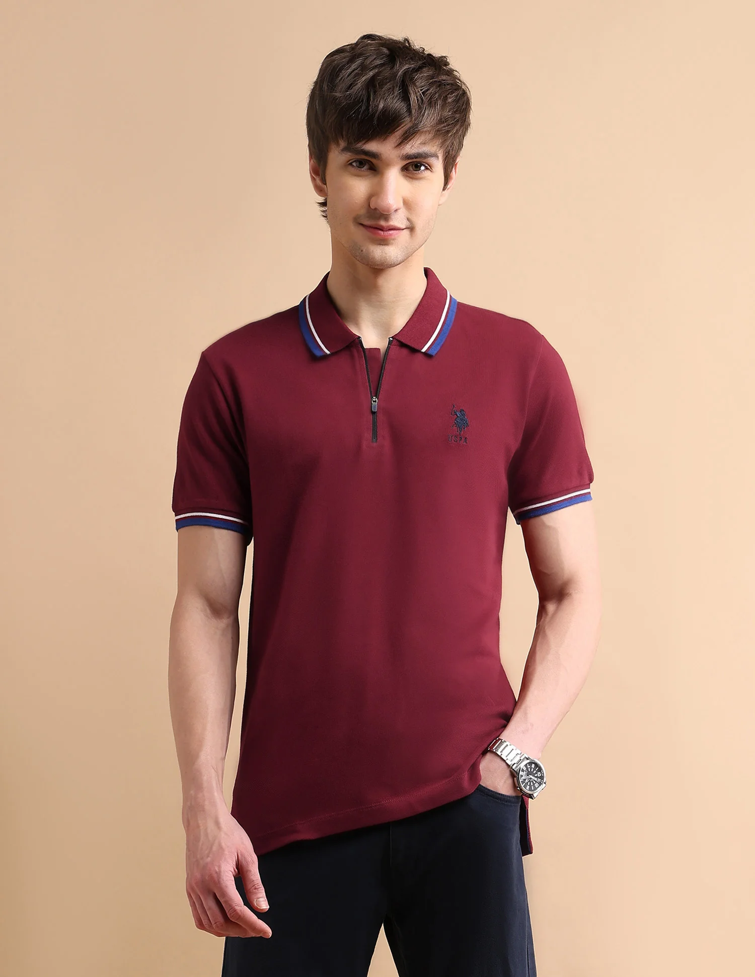 Tipped Zipper Polo Shirt
