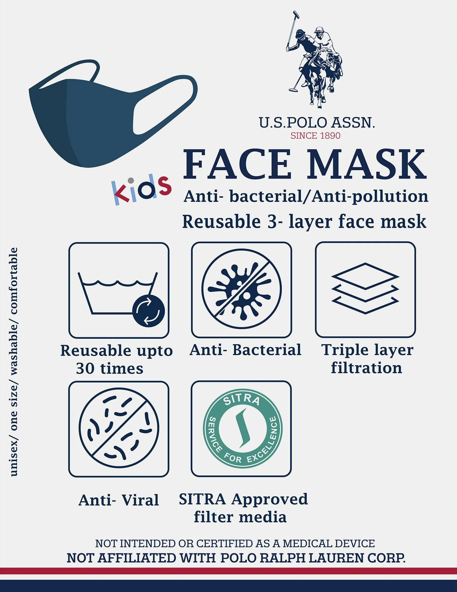 Unisex Kids Triple Layer Antiviral Outdoor Face Masks - Pack Of 3 - Image 7
