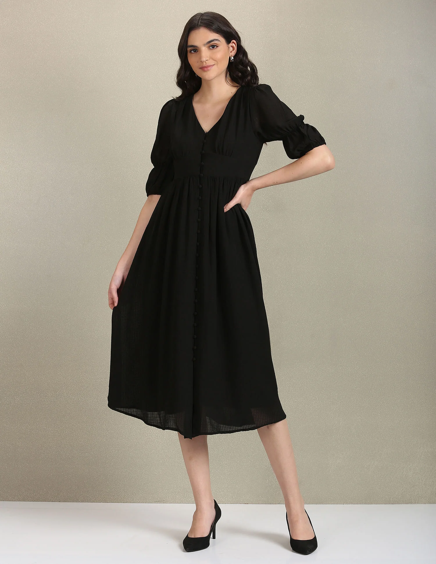 V-Neck Solid Midi Dress - Image 3