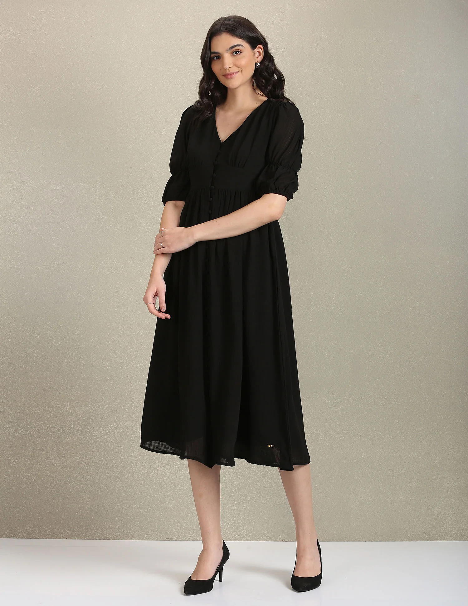 V-Neck Solid Midi Dress - Image 4