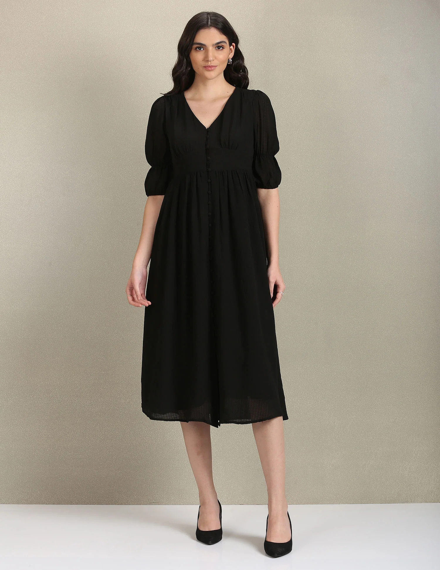 V-Neck Solid Midi Dress - Image 6