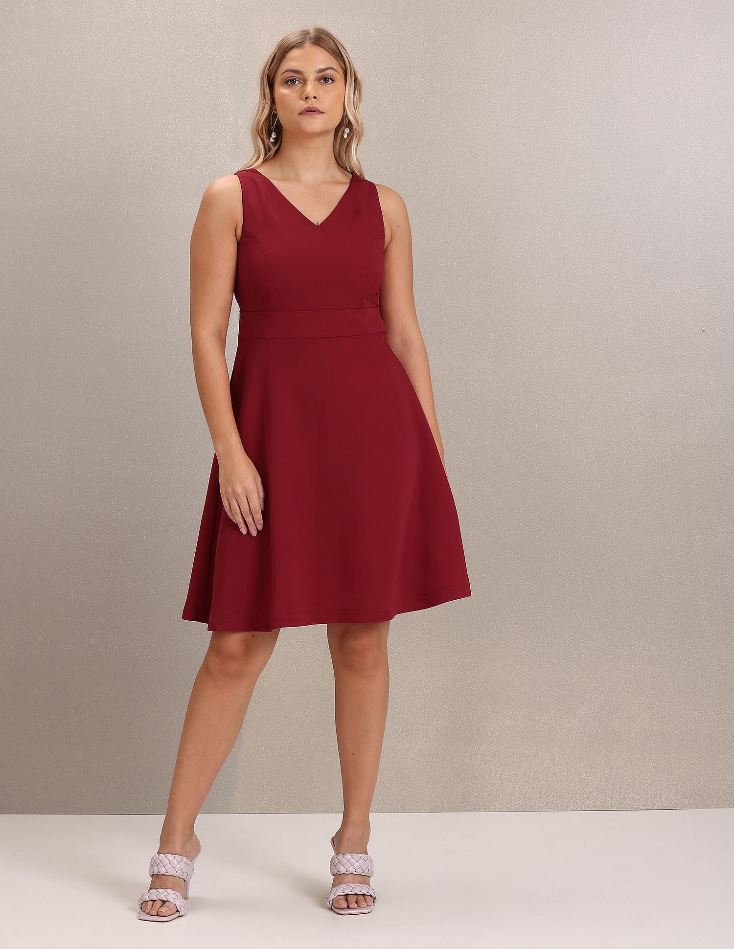 Women Red V-Neck Sleeveless Solid Fit And Flare Dress - Image 6