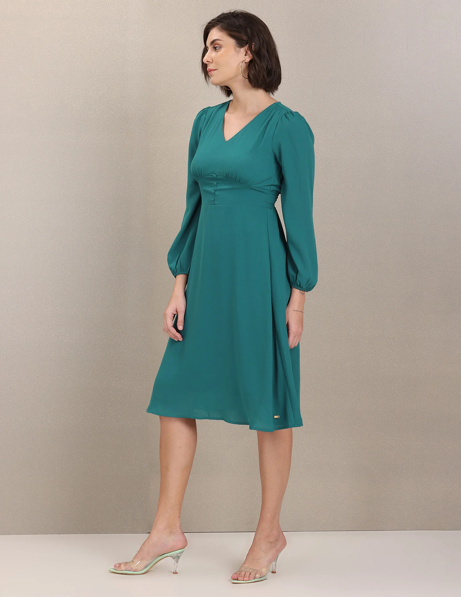 Women Teal V-Neck Solid Fit And Flare Dress - Image 3