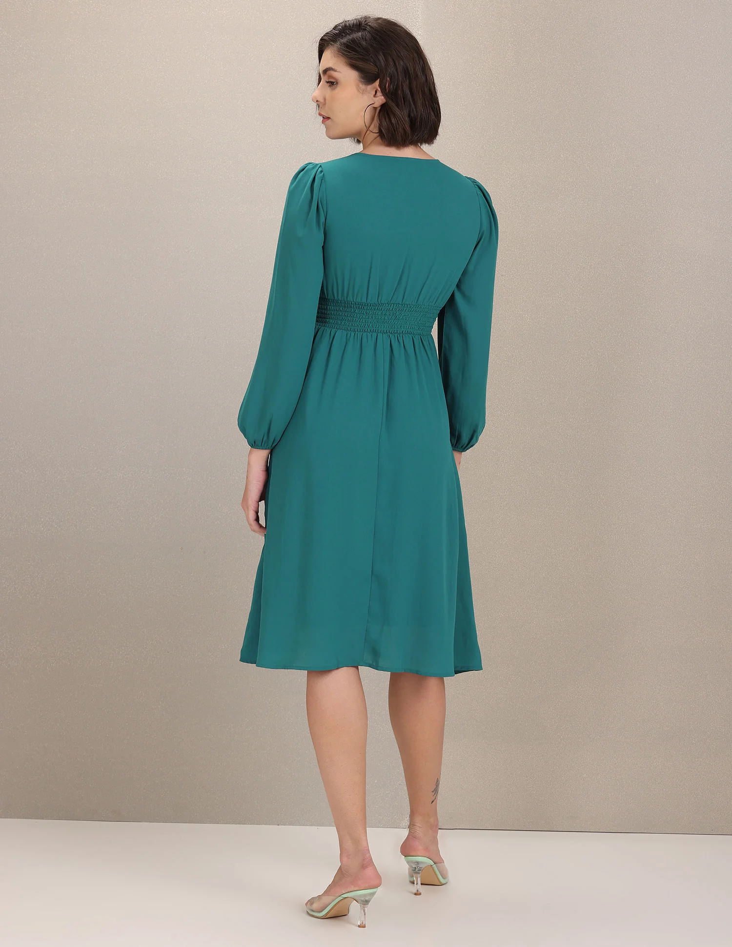 Women Teal V-Neck Solid Fit And Flare Dress - Image 4