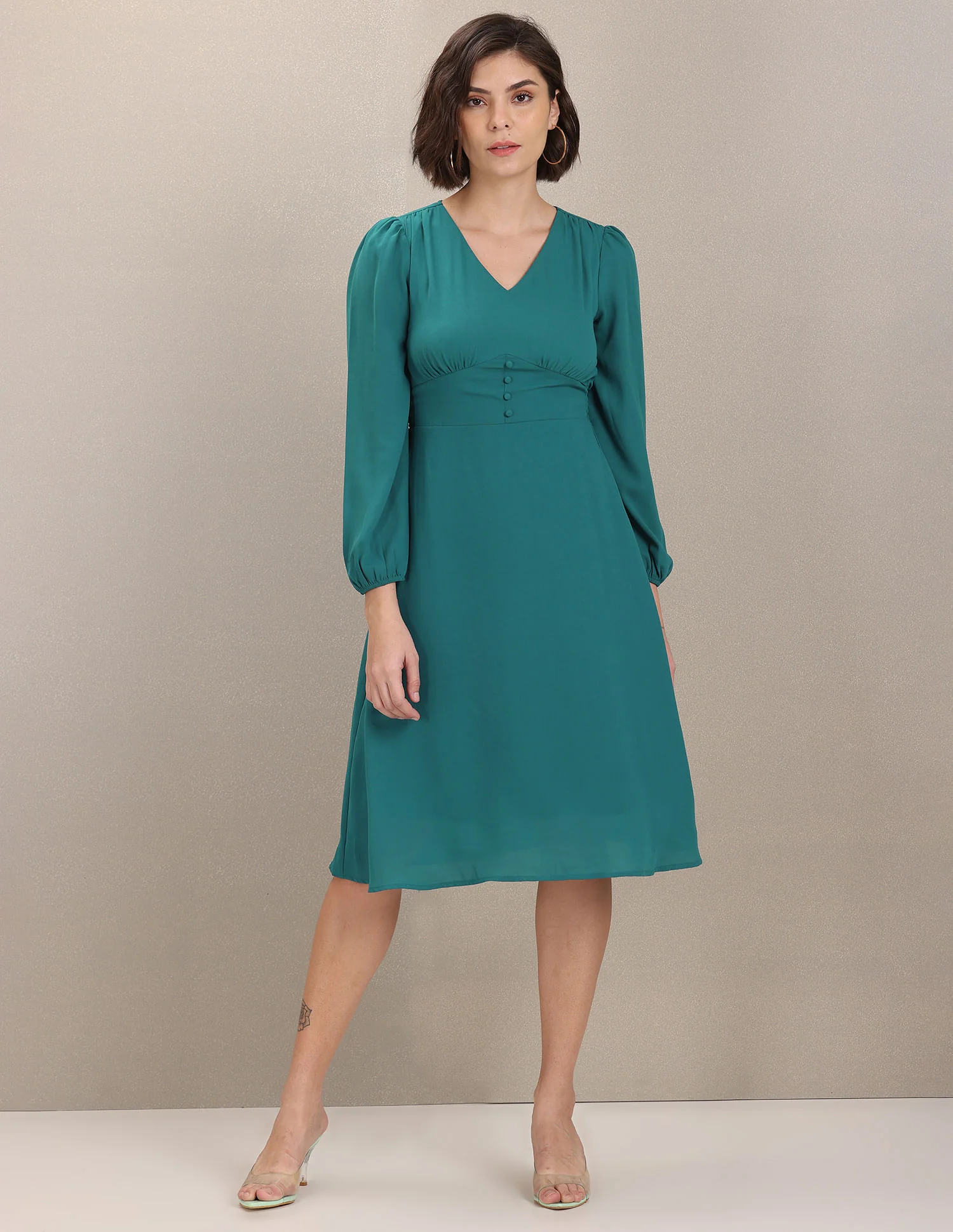 Women Teal V-Neck Solid Fit And Flare Dress - Image 5