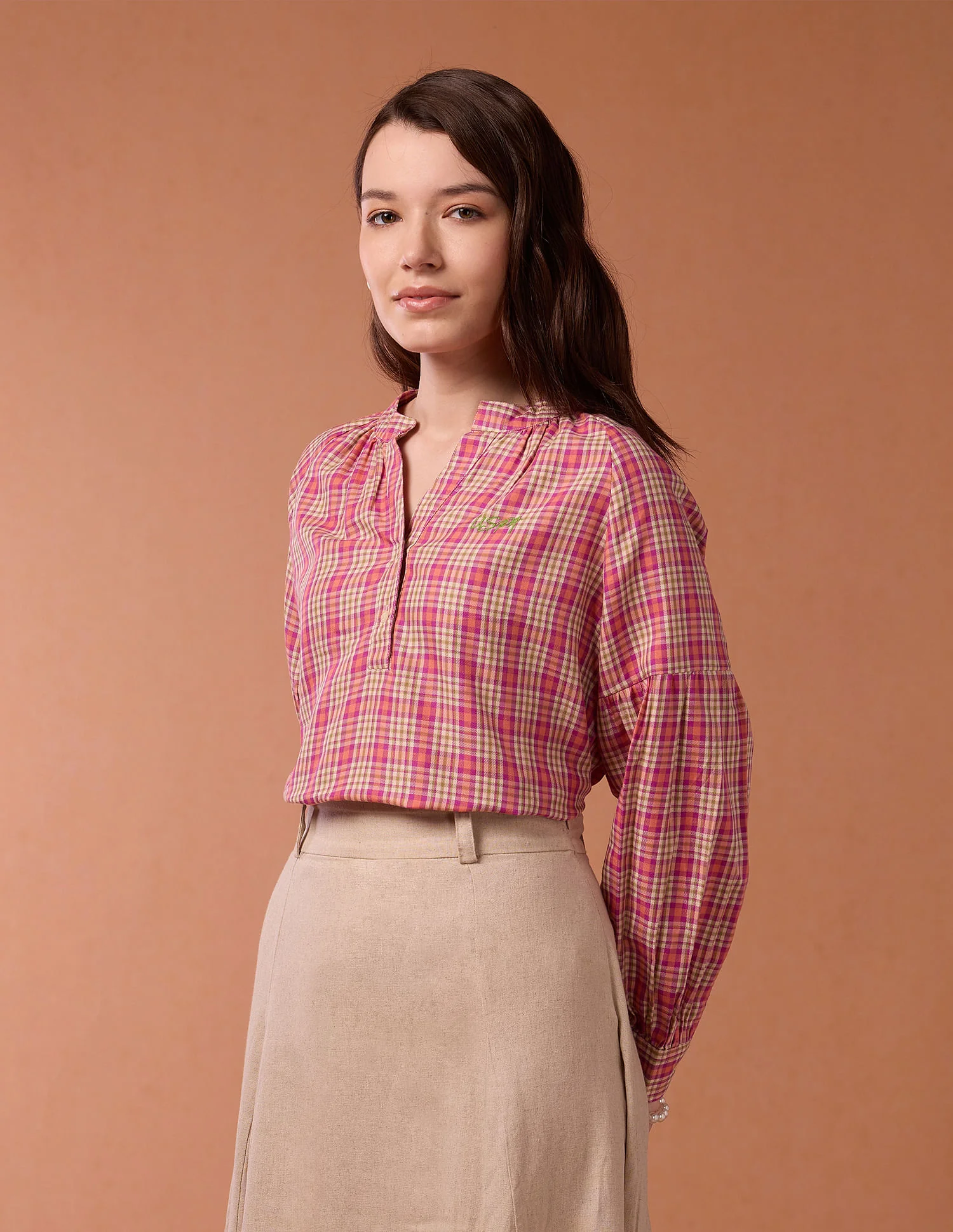 Blouson Sleeve Checked Top - Image 4