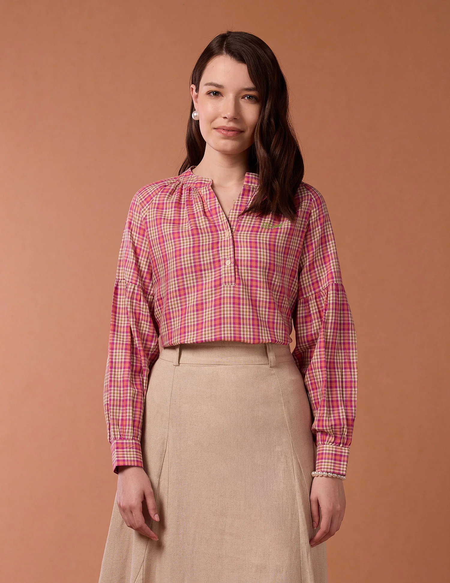 Blouson Sleeve Checked Top - Image 6