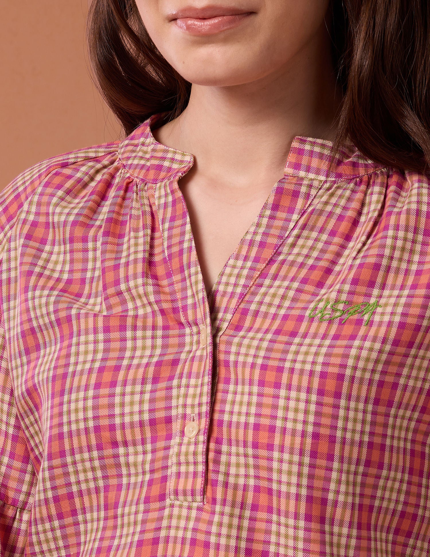 Blouson Sleeve Checked Top - Image 7