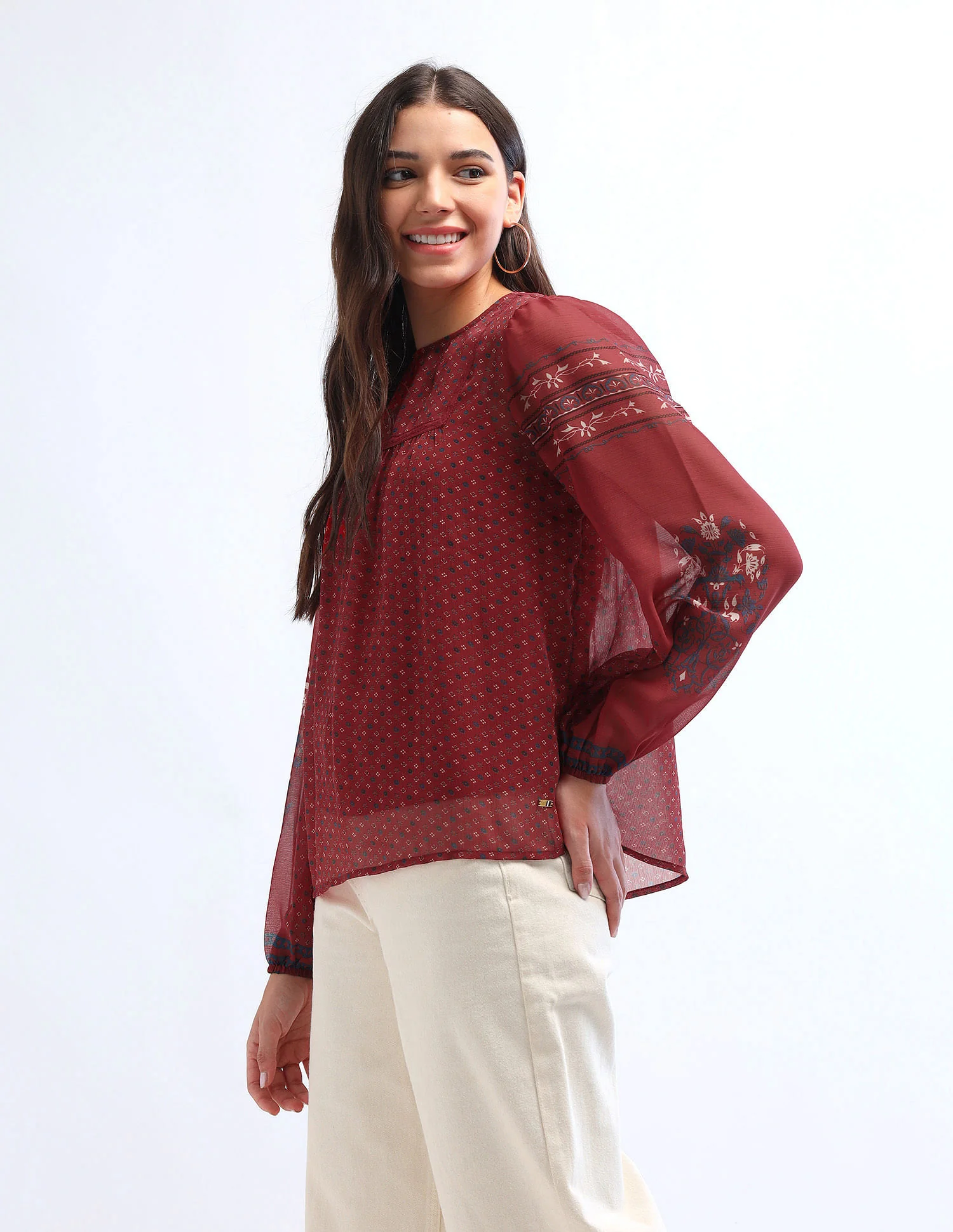 Boho Printed Crinkled Chiffon Top - Image 4