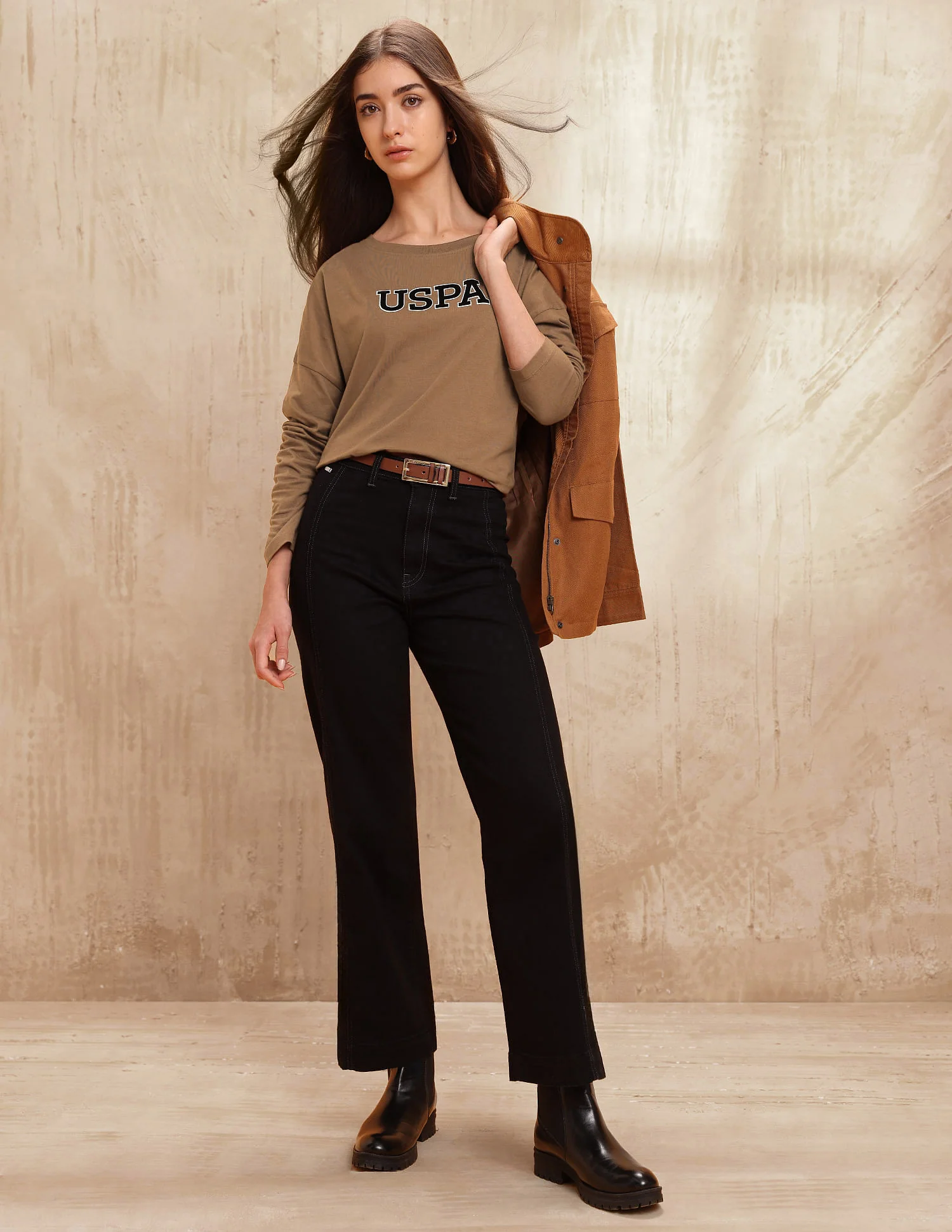 Crew Neck Drop Shoulder Full Sleeves Tshirt With Flock Print - Image 3