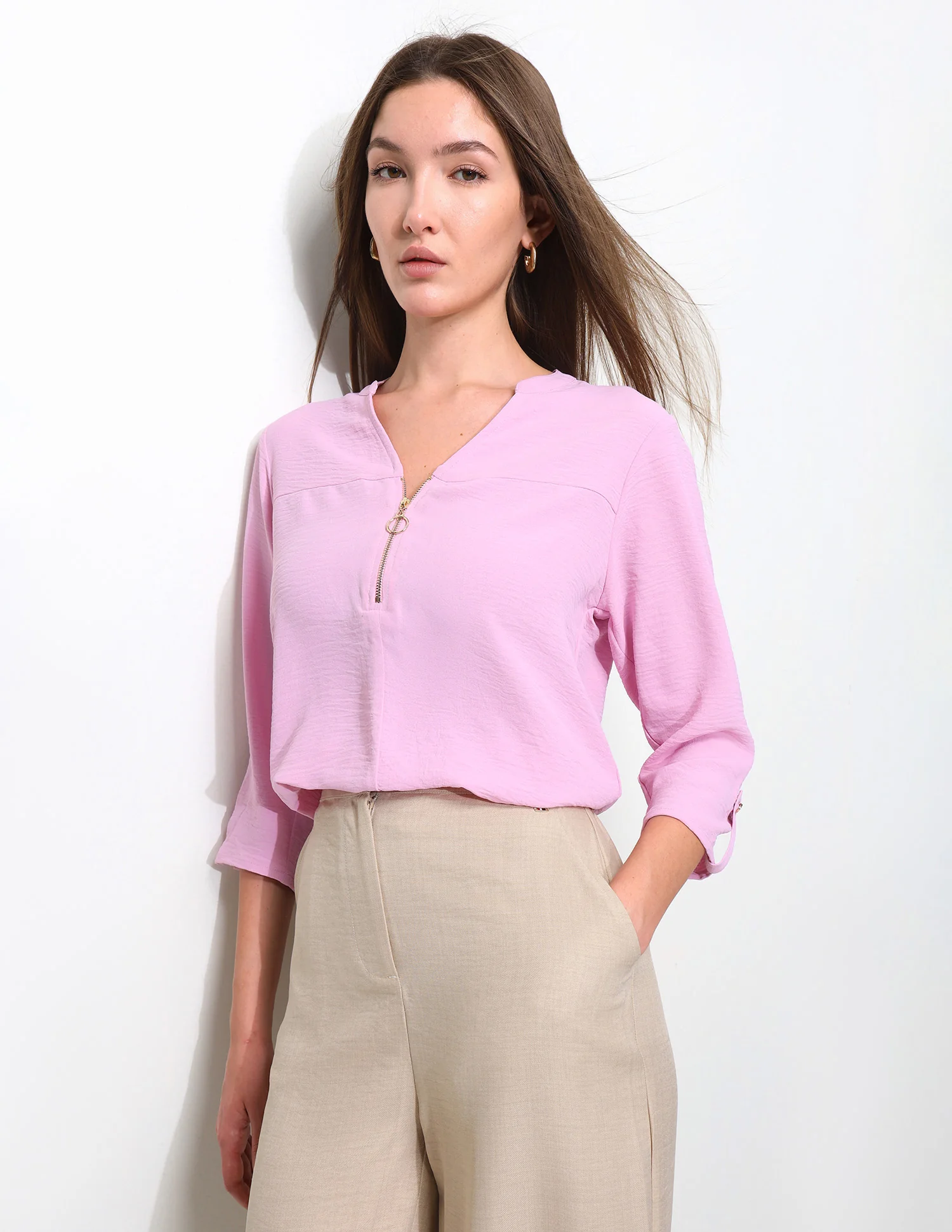 Cut And Sew Solid Front Zip Top