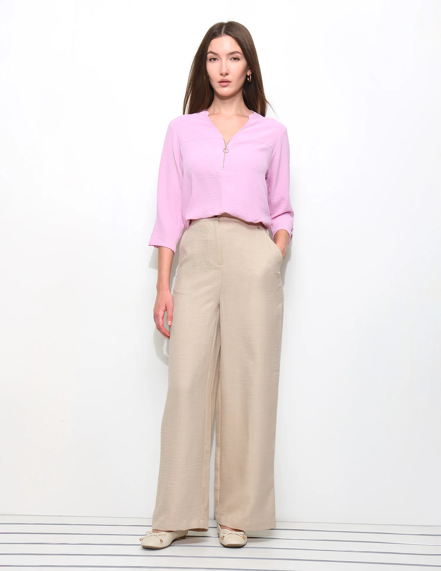 Cut And Sew Solid Front Zip Top - Image 3
