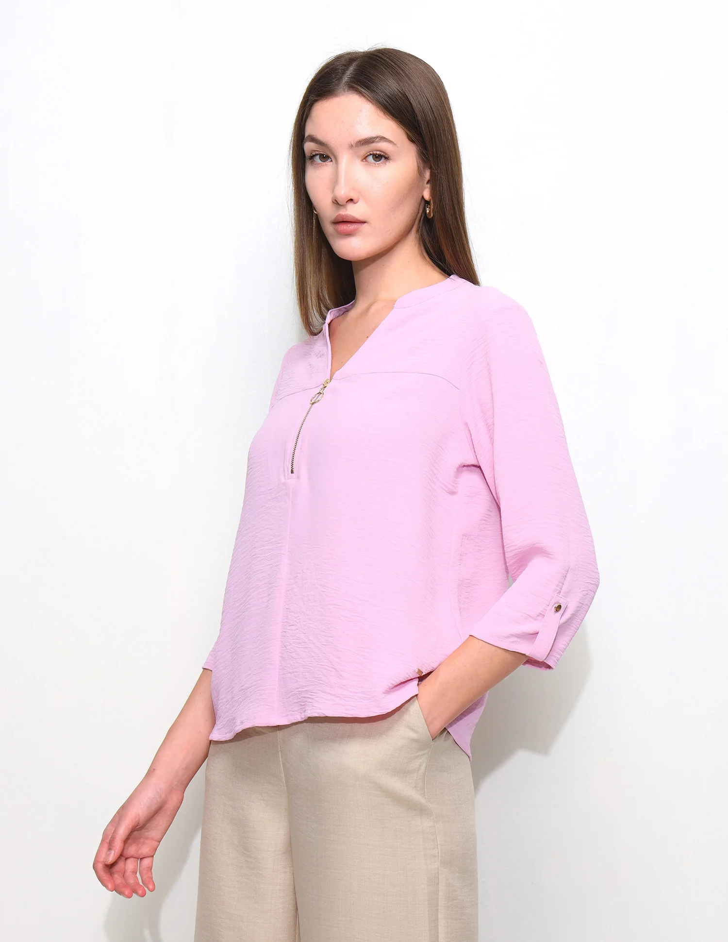 Cut And Sew Solid Front Zip Top - Image 4