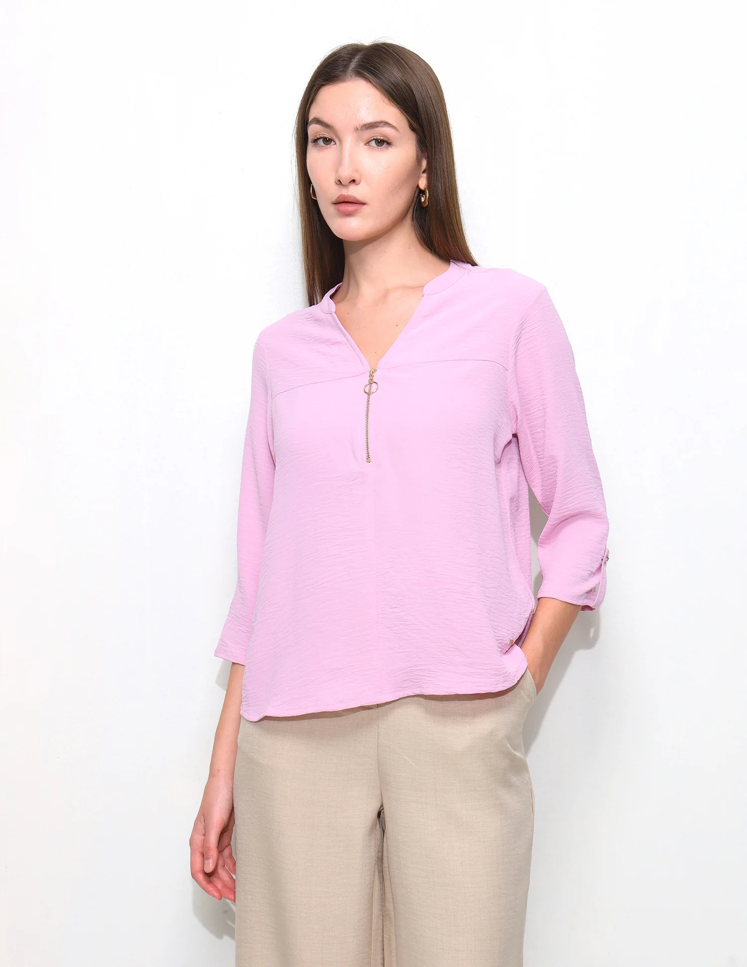 Cut And Sew Solid Front Zip Top - Image 6