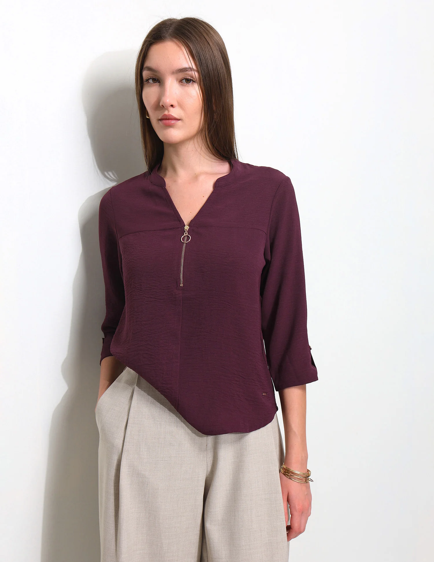 Cut And Sew Solid Front Zip Top