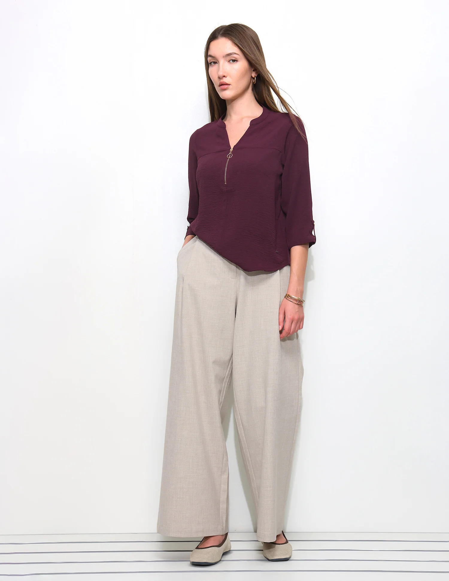 Cut And Sew Solid Front Zip Top - Image 3
