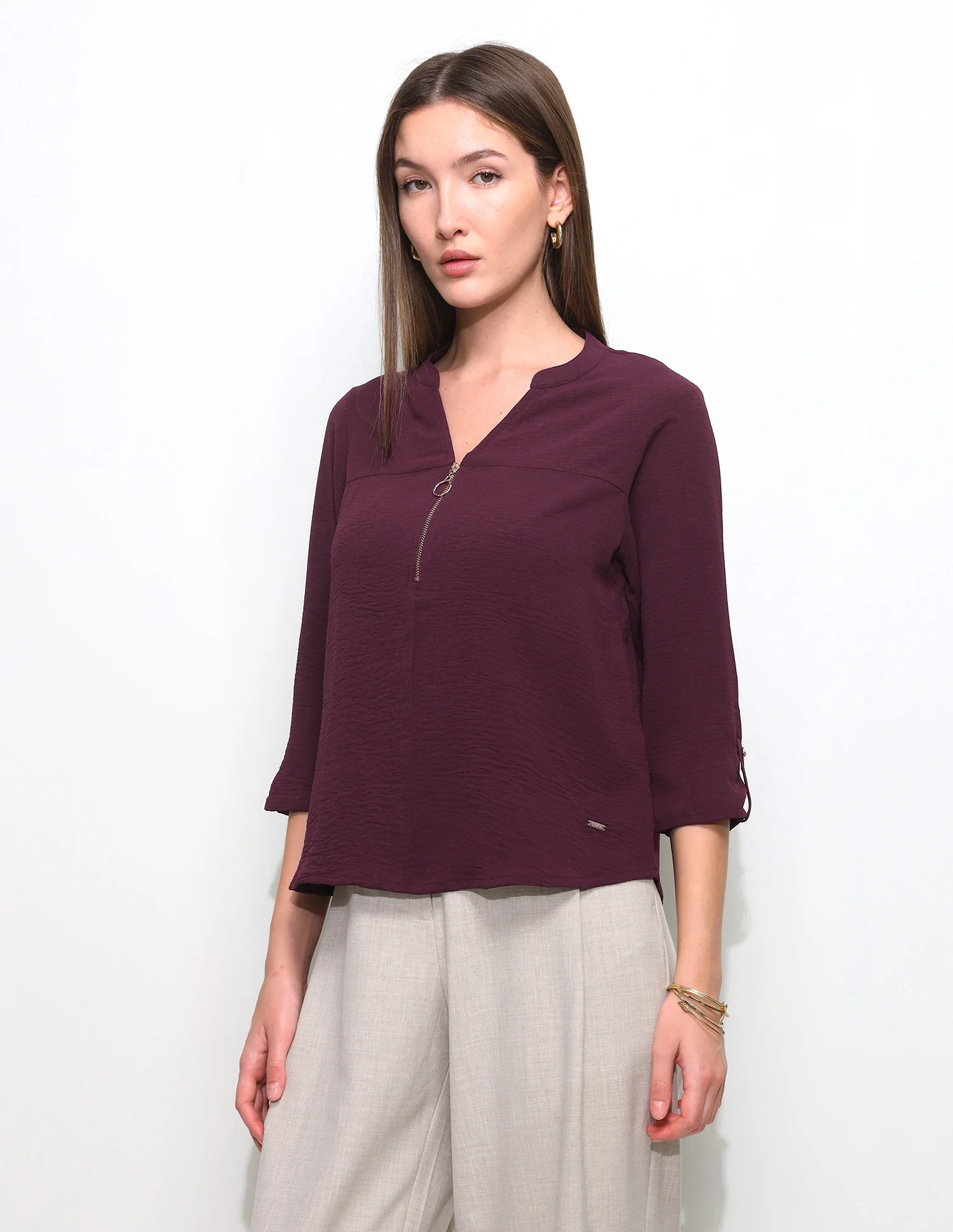 Cut And Sew Solid Front Zip Top - Image 4